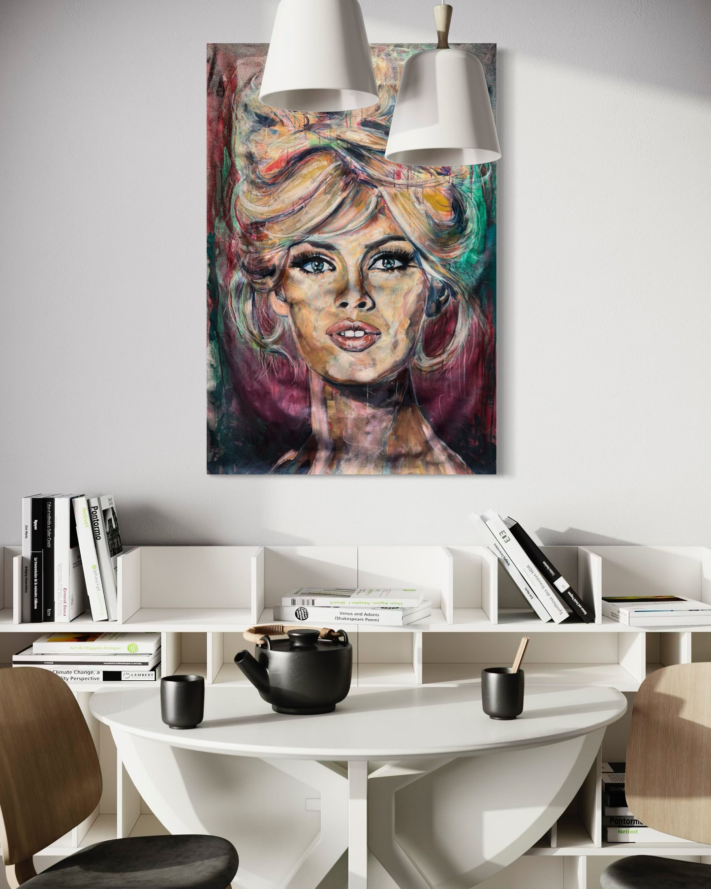 Brigitte Bardot artwork above white sideboard with two chairs