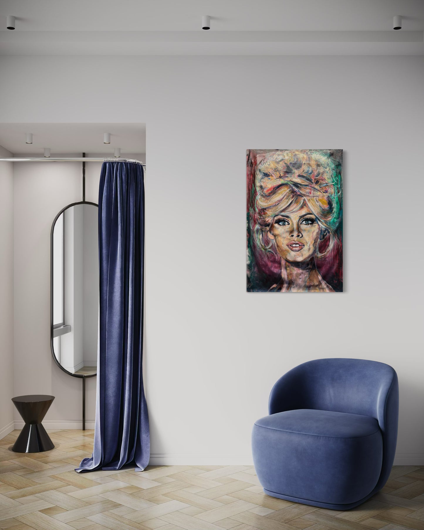 Brigitte Bardot Painting in changing cabin with curtain