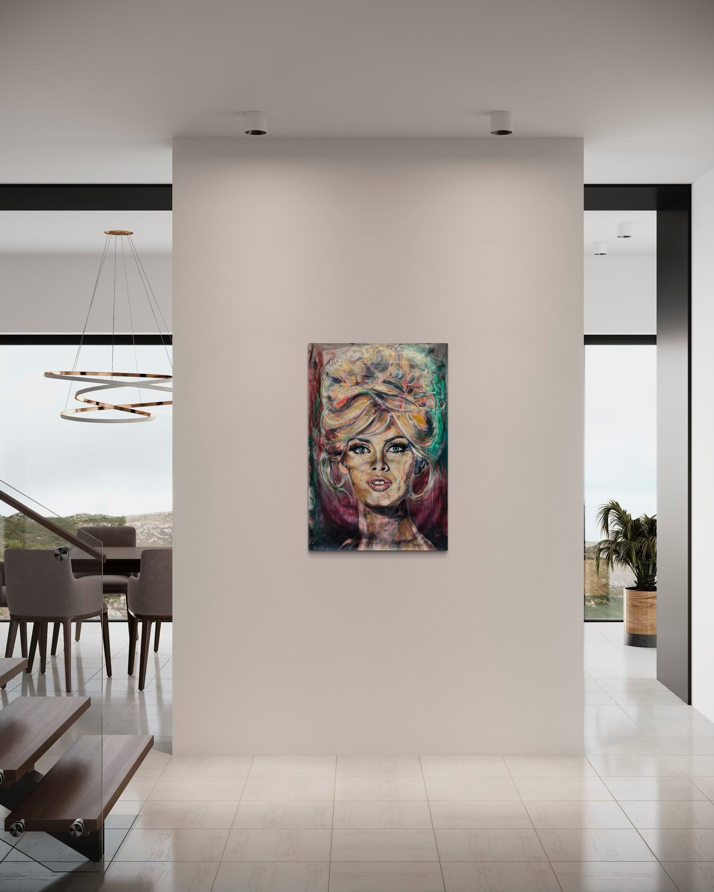 Brigitte Bardot painting in front of modern living room on wall
