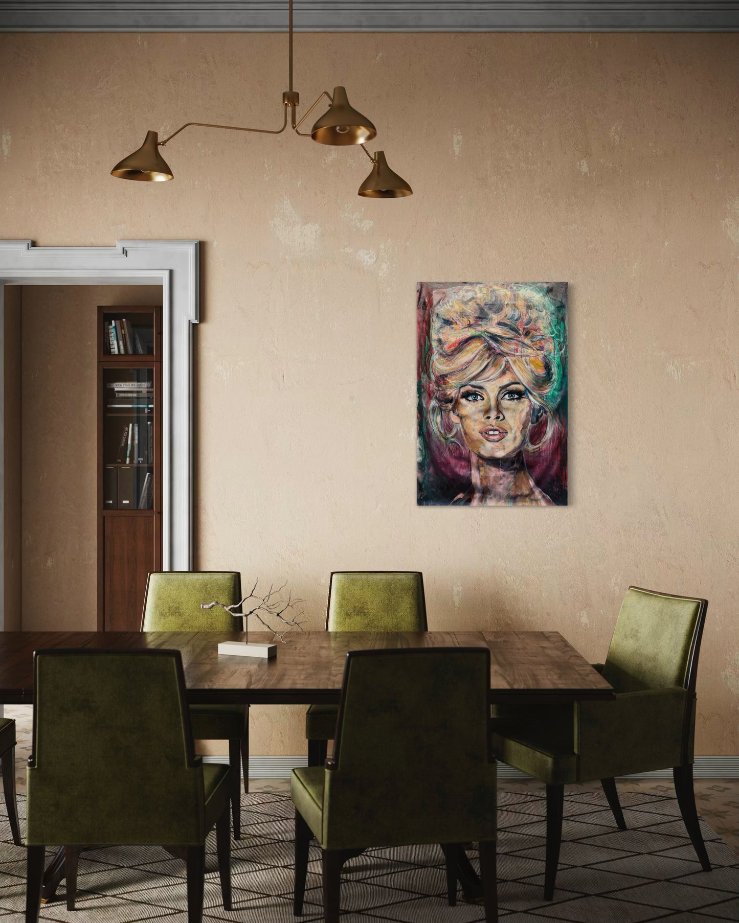 Brigitte Bardot painting in rustic dining room