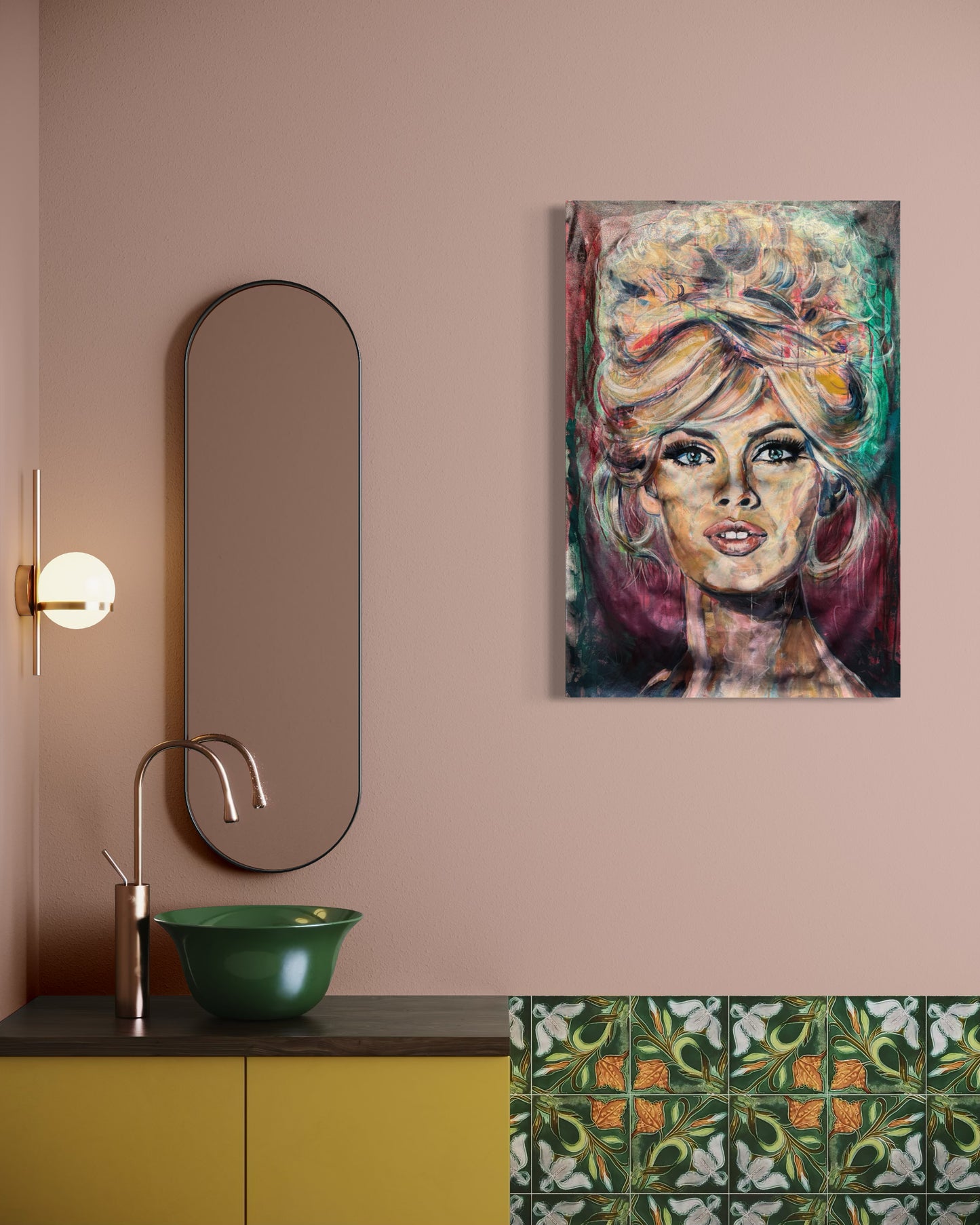 Brigitte Bardot artwork in tiled bathroom matching workshop colors