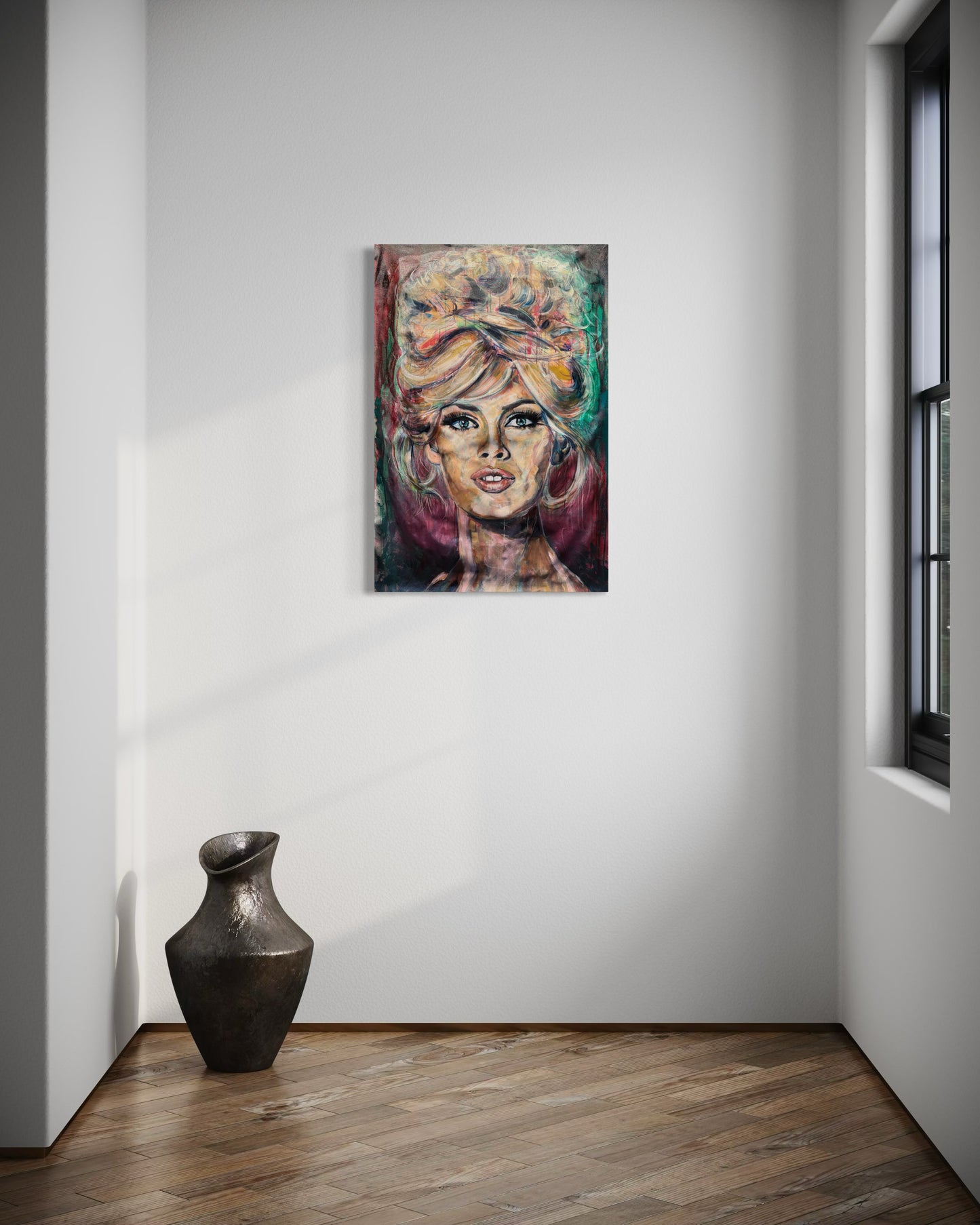 Brigitte Bardot painting next to window with elegant vase