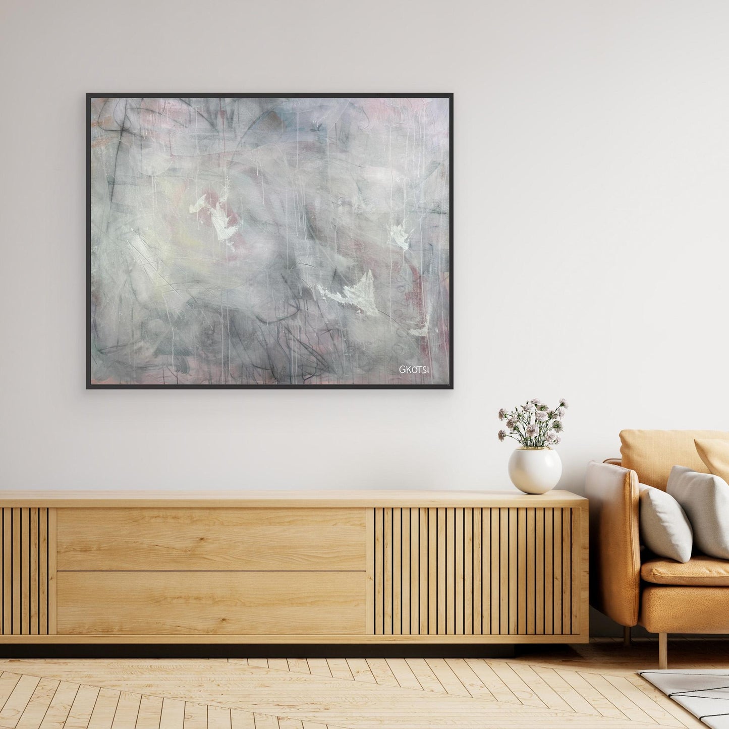 CALM Canvas Print above sideboard with black frame decor - soothing minimalist design