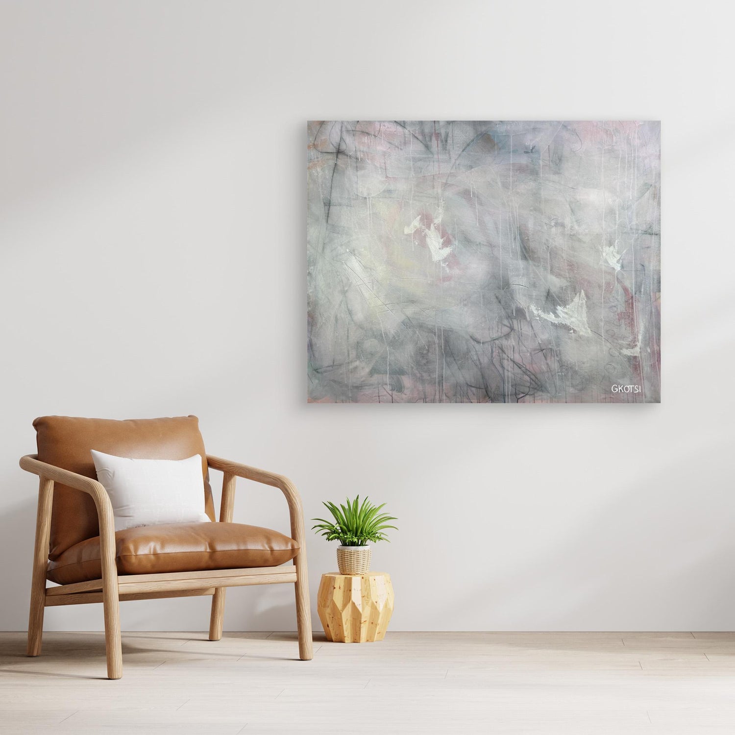 CALM Canvas Print next to comfortable chair and plant - tranquil interior design element