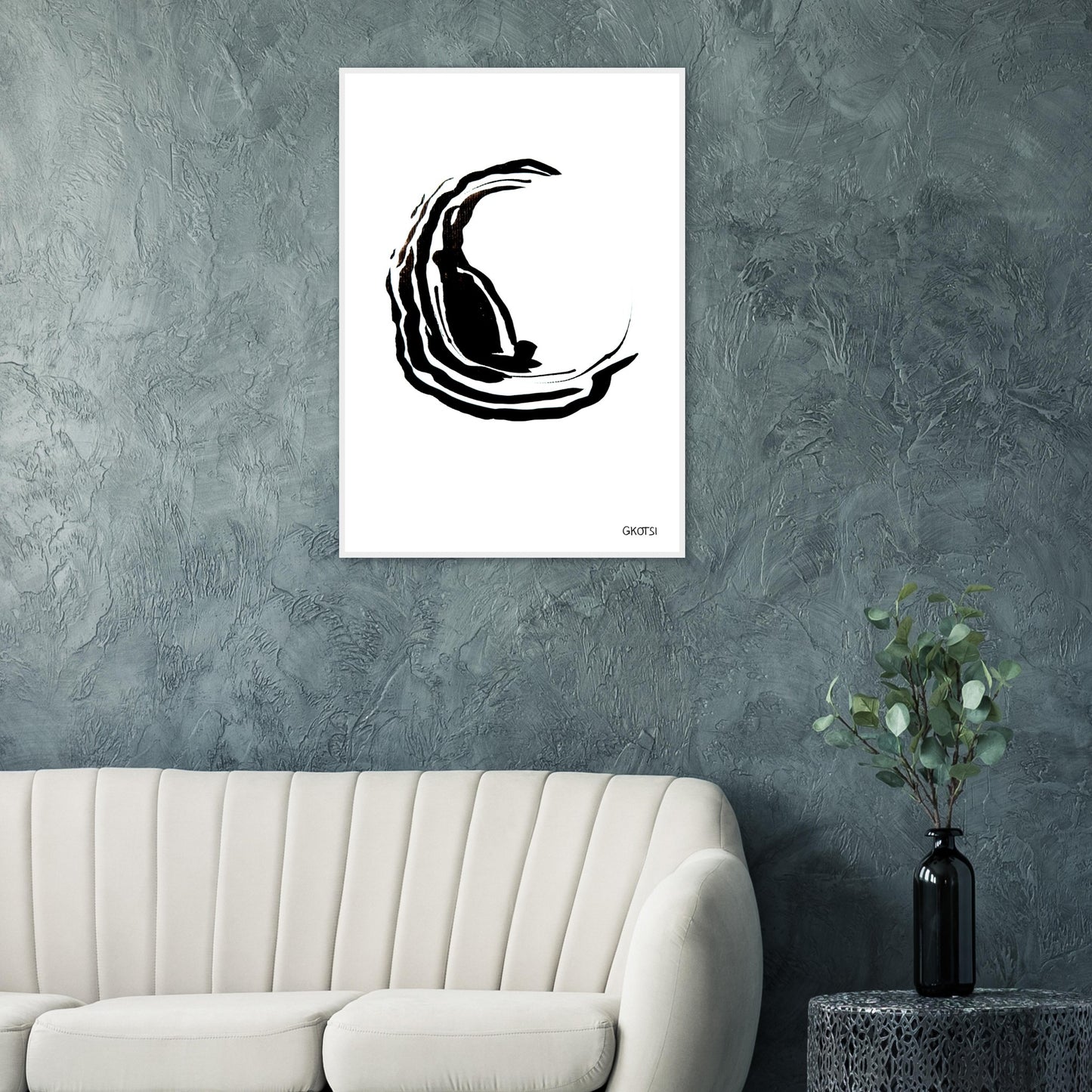 CENTERED poster print above grey sofa in living room