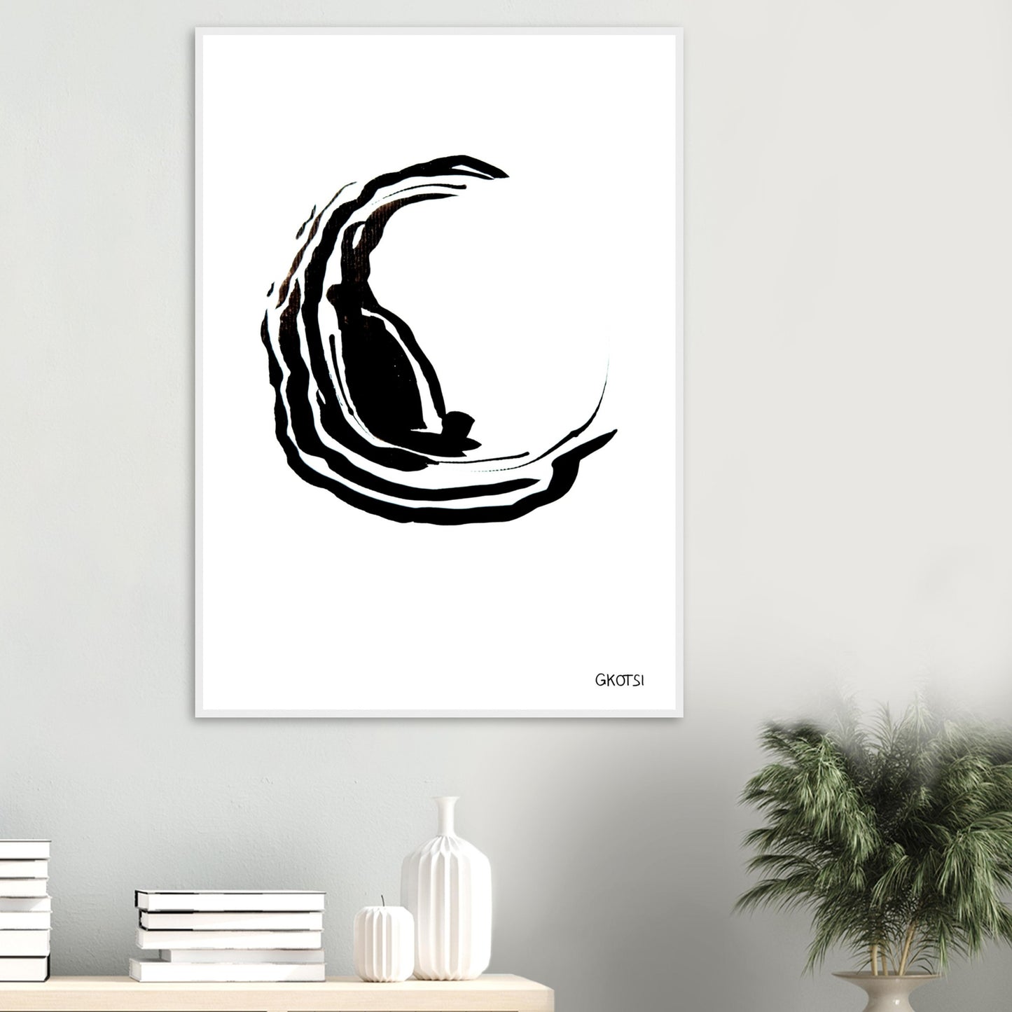 CENTERED poster print above table with small plant