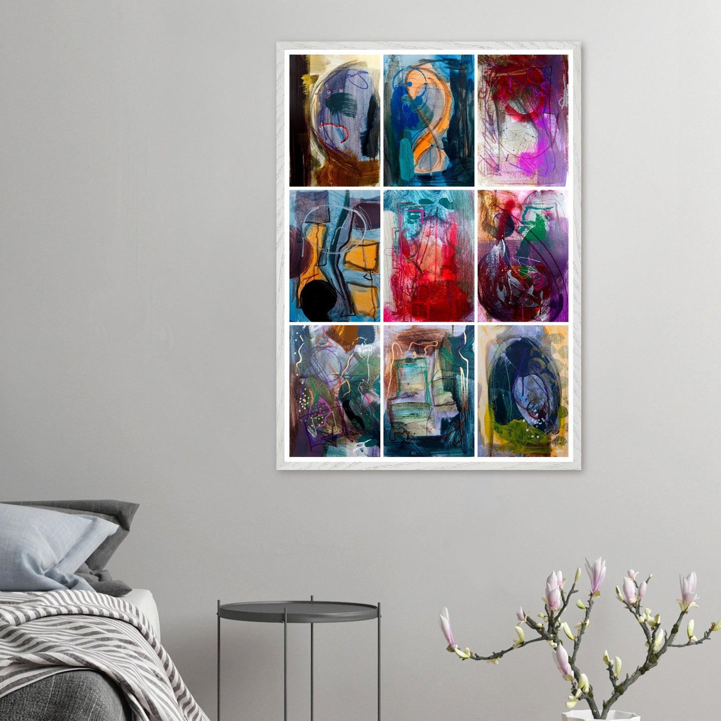 COLORFUL MOMENTS Wall Art Set Poster Print 9X above bed with flower vase in bedroom
