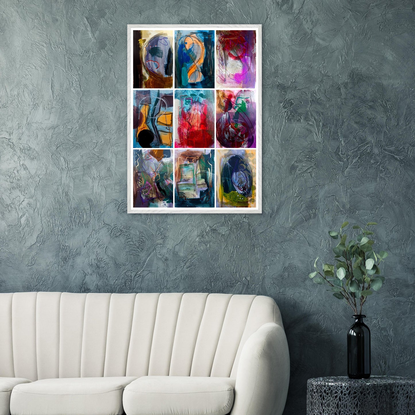 COLORFUL MOMENTS Wall Art Set Poster Print 9X above grey sofa in living room