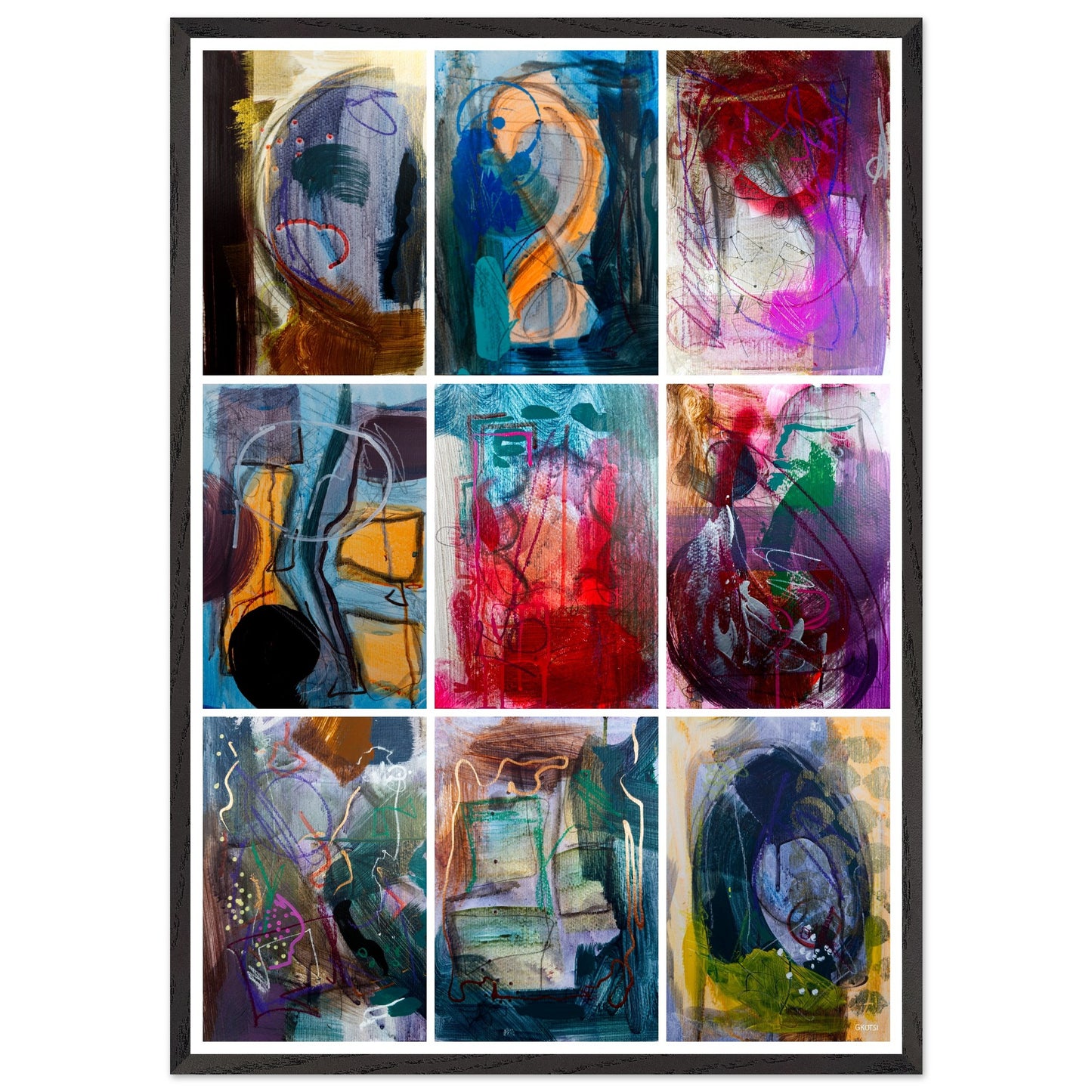 COLORFUL MOMENTS Wall Art Set Poster Print 9X on white wall highlighting chromatic abstract forms