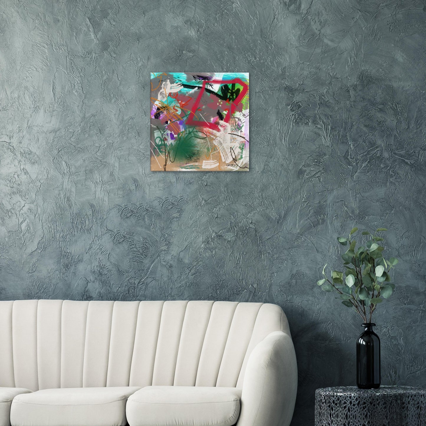 CRAZY SUNDAY Digital Canvas Print hanging above grey sofa as statement piece