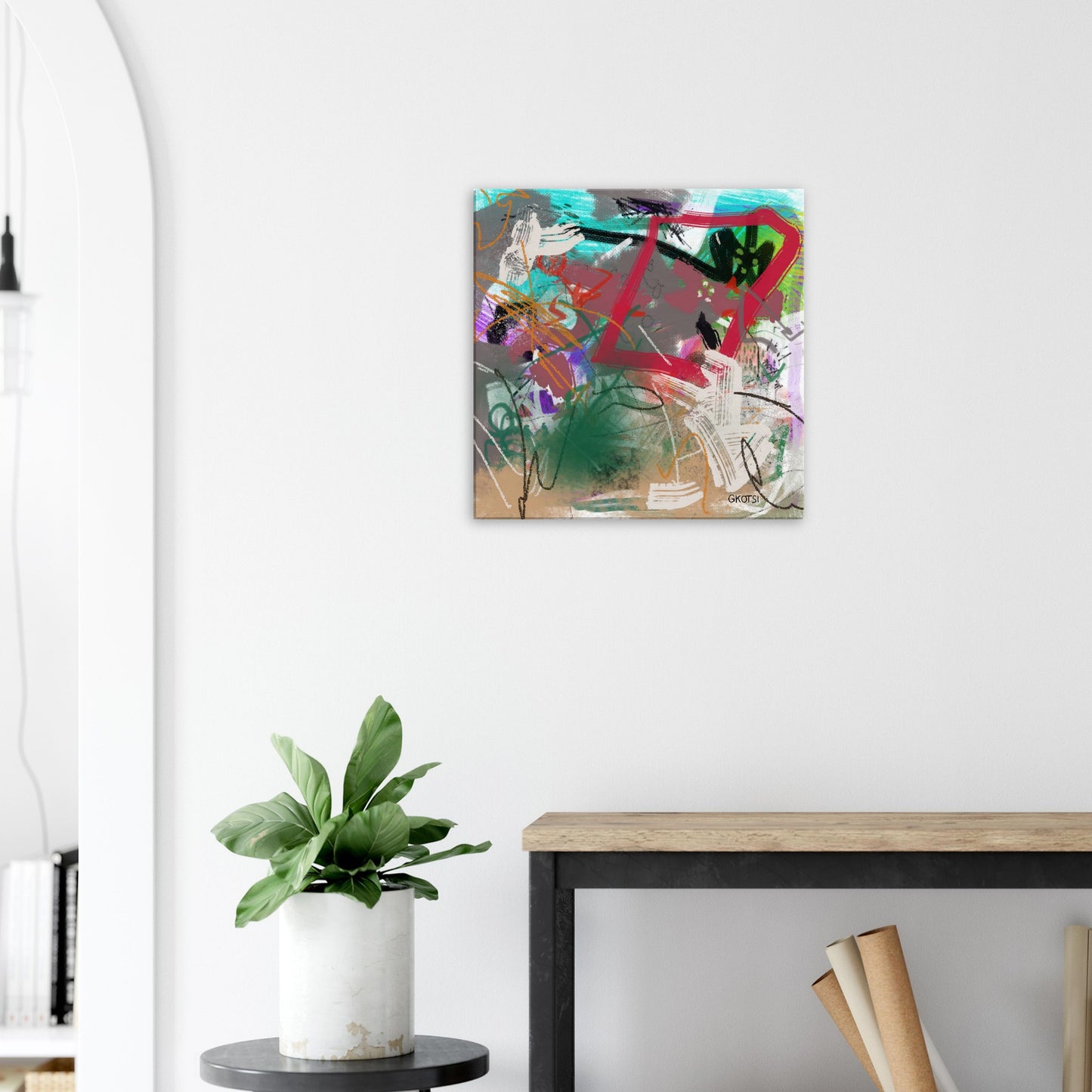 CRAZY SUNDAY Digital Canvas Print in hallway area with wooden table and decorative plant