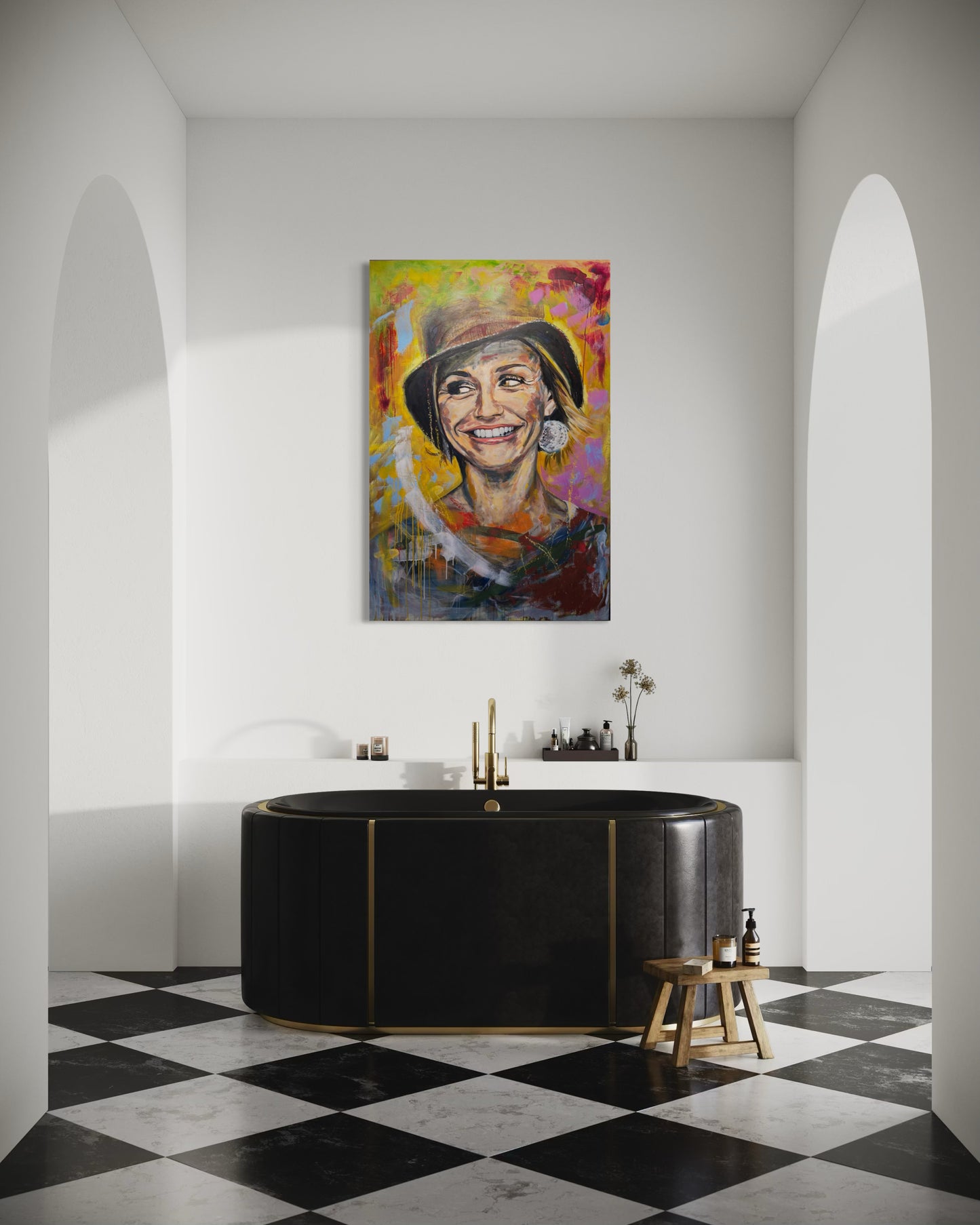 Cameron Diaz artwork above black bathtub with black and white tiles on floor