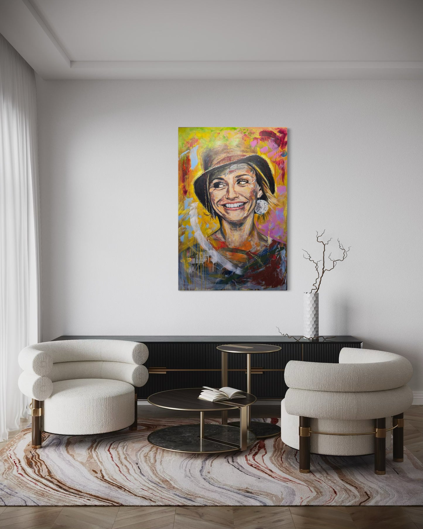 Cameron Diaz artwork above reading chair set