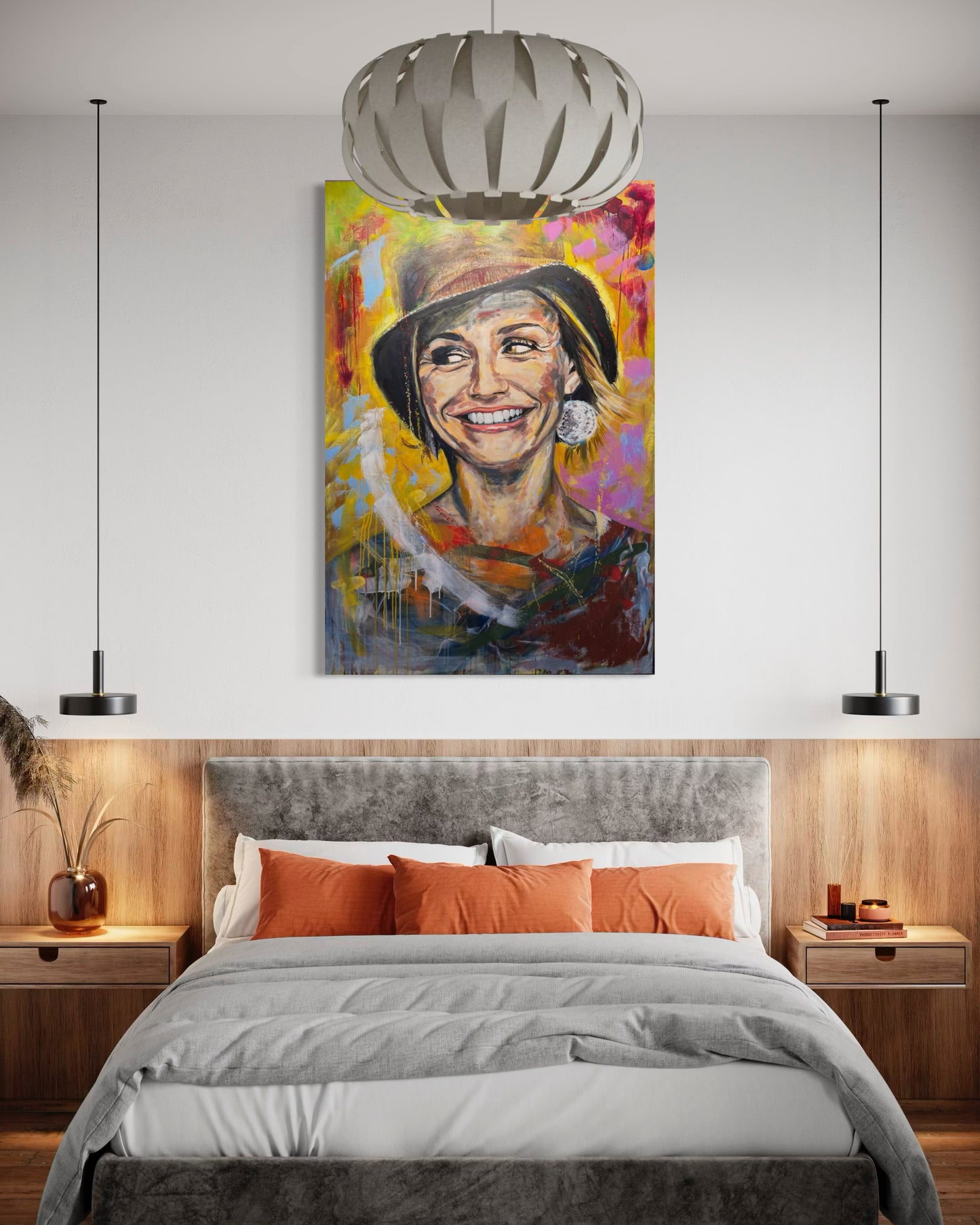 Cameron Diaz painting in bedroom above double bed