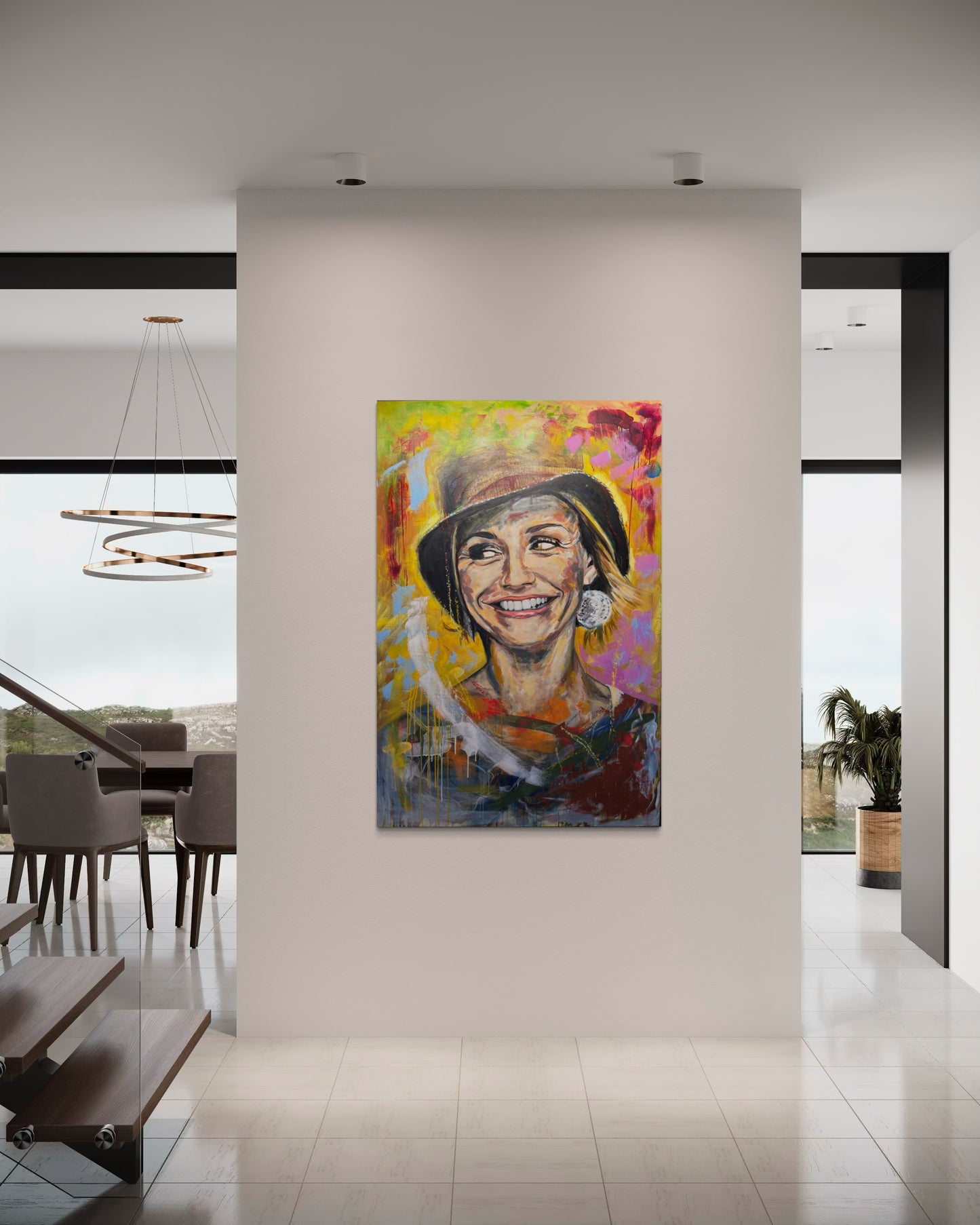 Cameron Diaz artwork in front of modern living room on wall