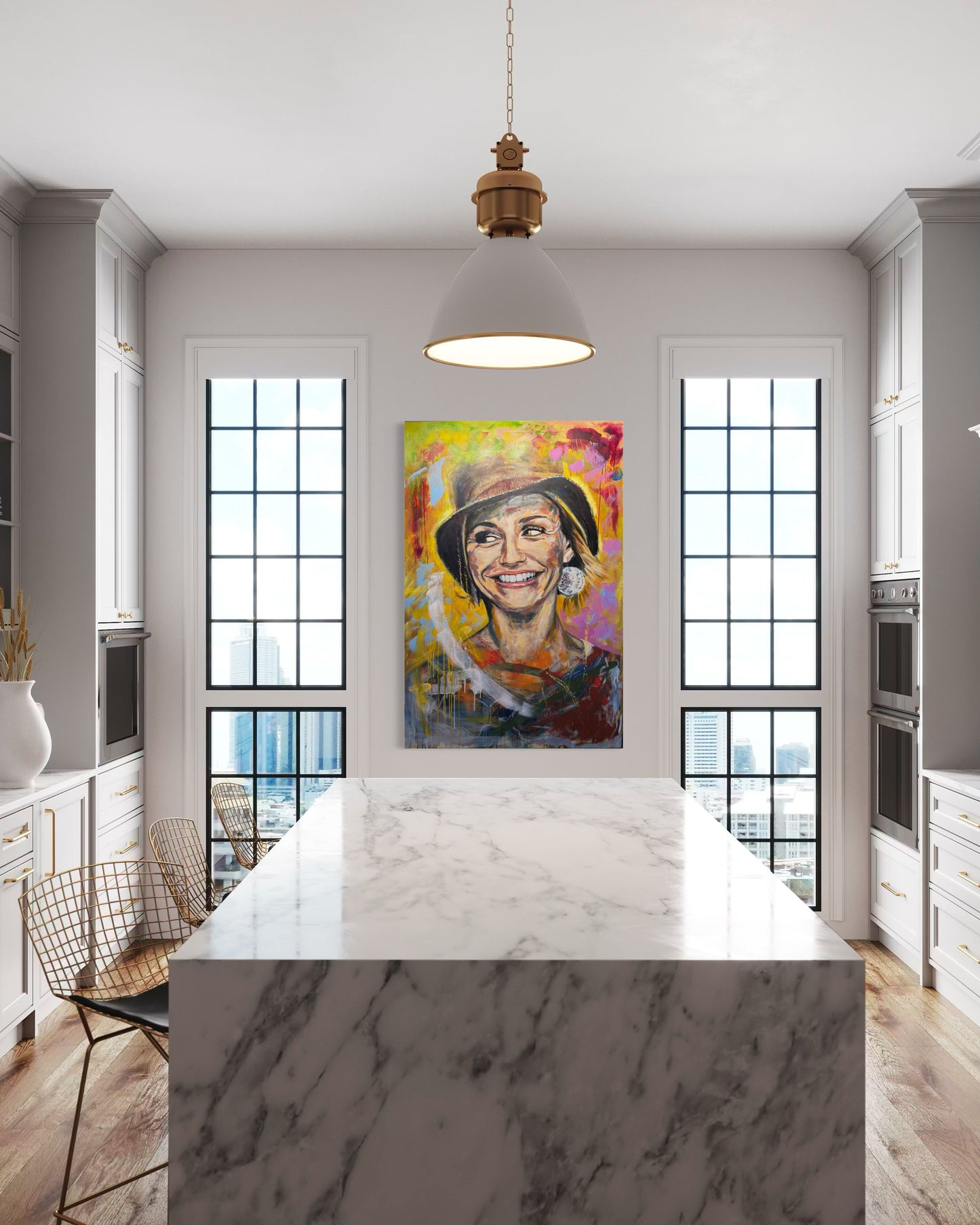 Cameron Diaz artwork in modern kitchen with 2 windows