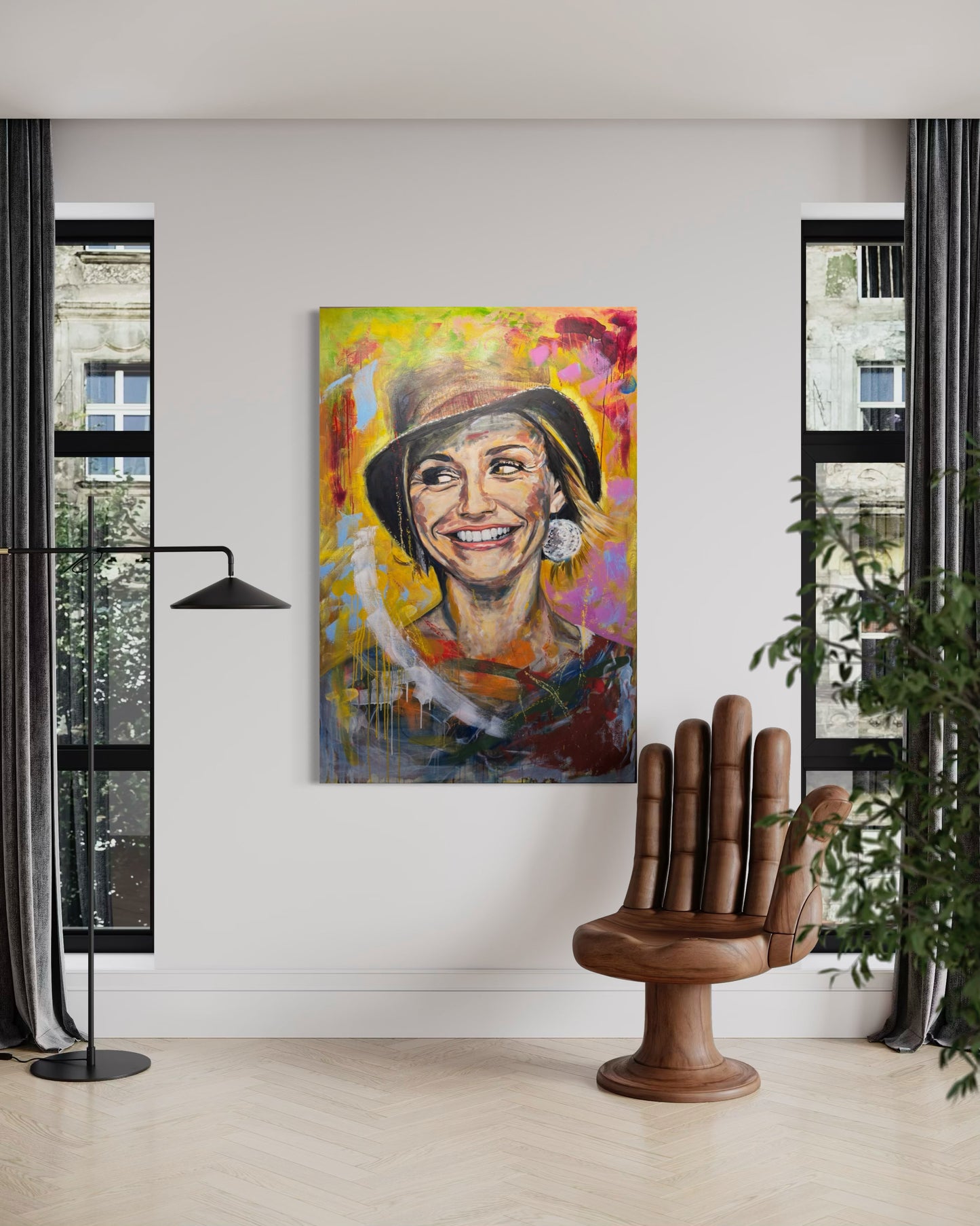 Cameron Diaz artwork in modern room with finger armchair