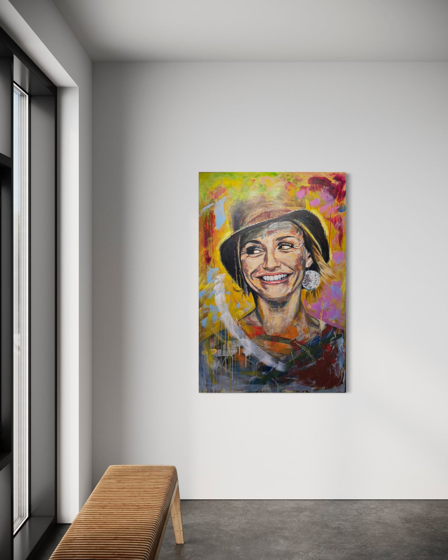 Cameron Diaz painting in room with bench