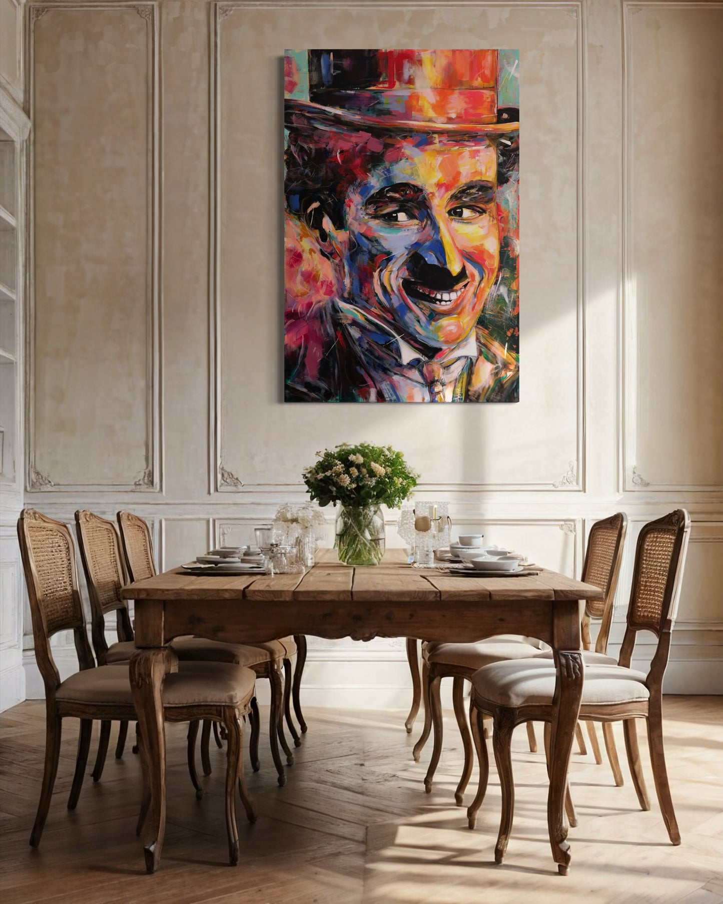 Charlie Chaplin painting above wooden dining table with high walls