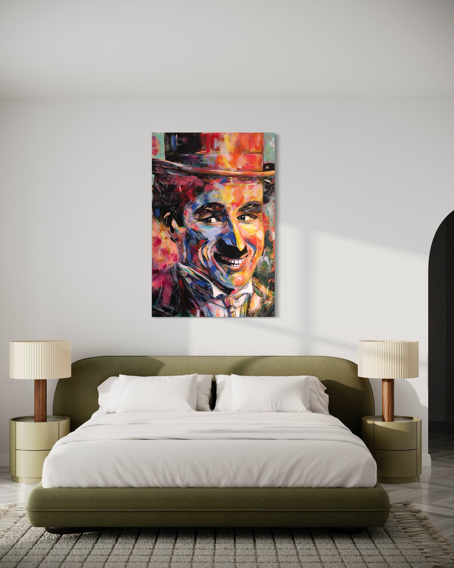 Charlie Chaplin painting above double bed