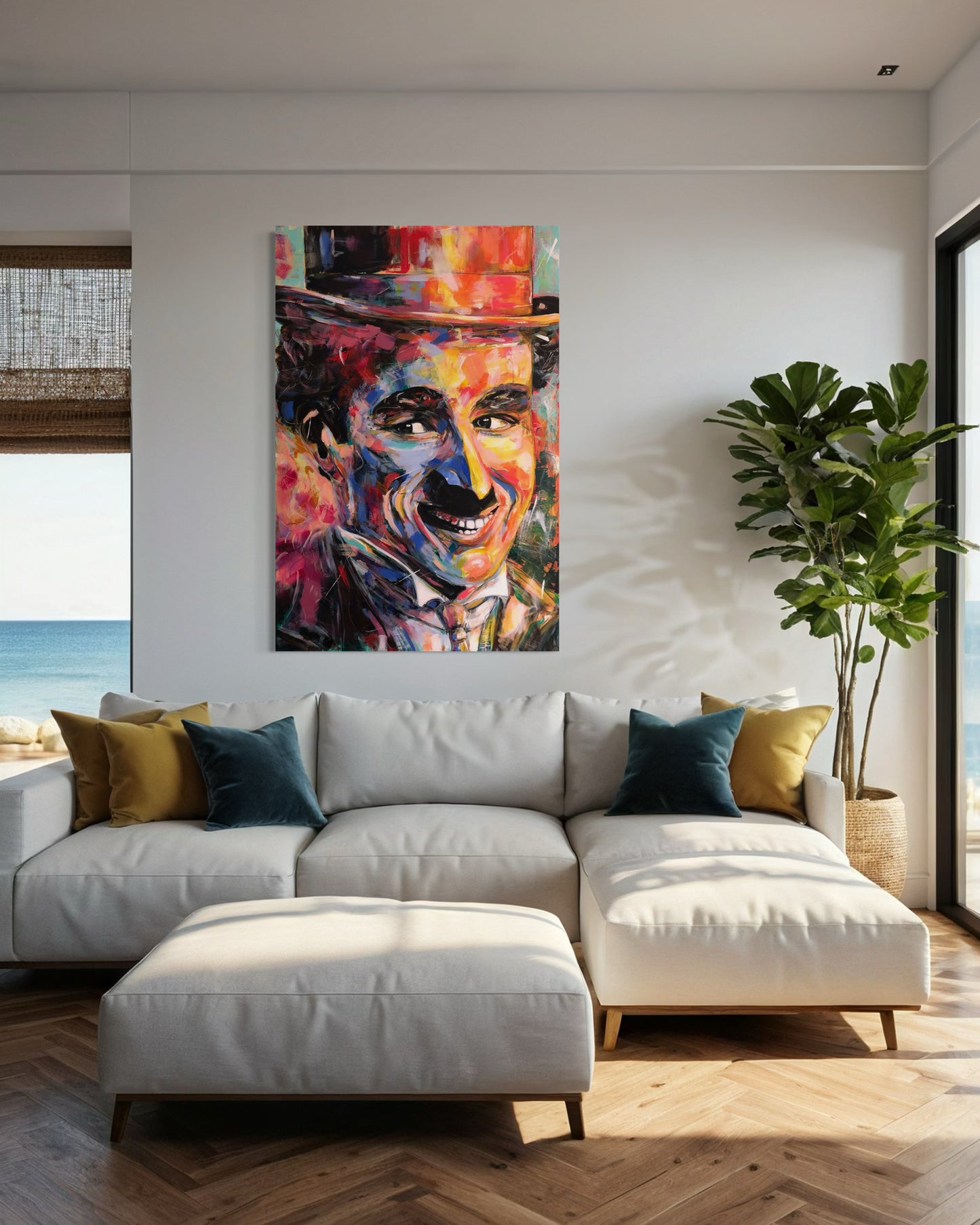 Charlie Chaplin painting above modern sofa with armchair