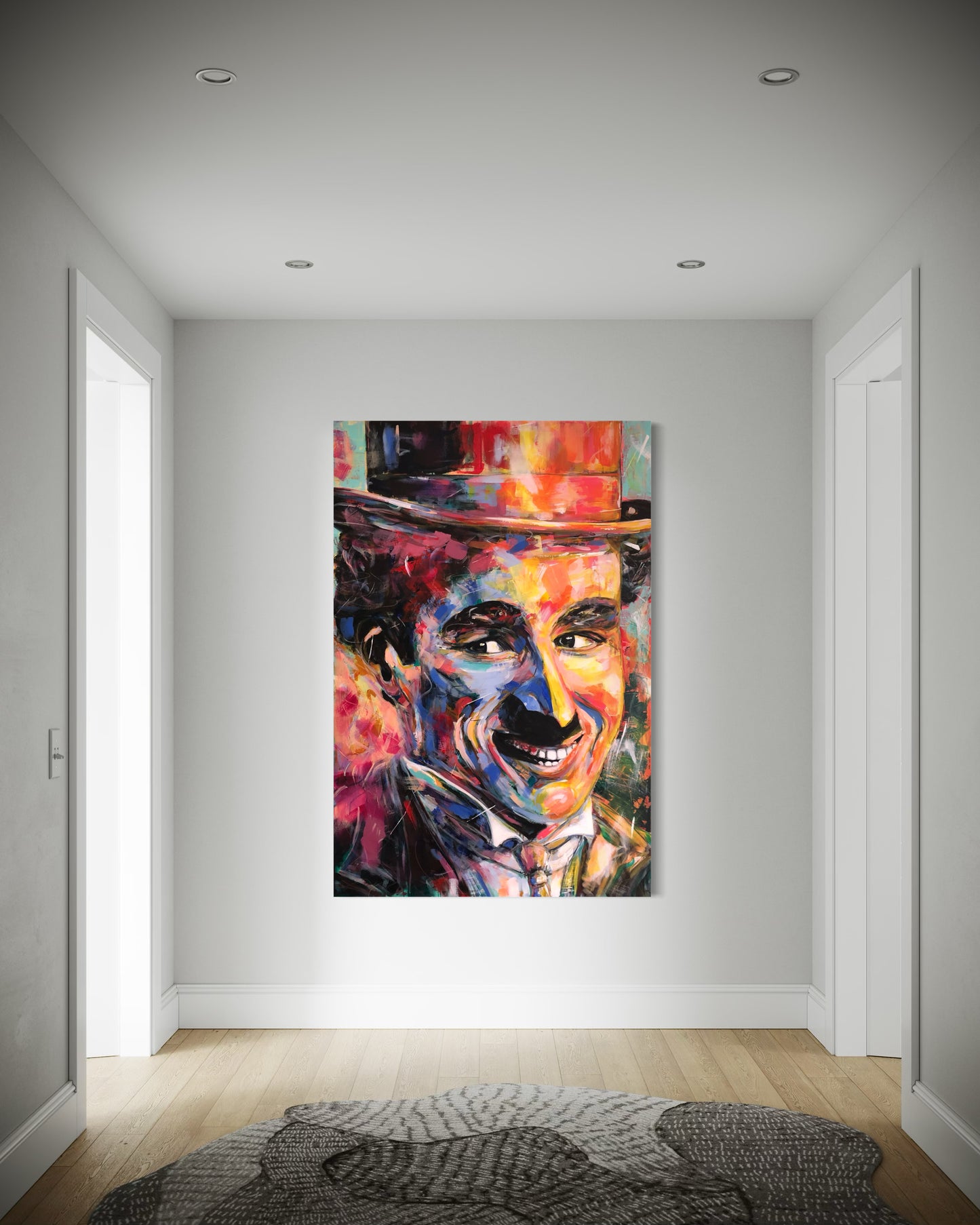 Charlie Chaplin painting as gallery wall alone in room