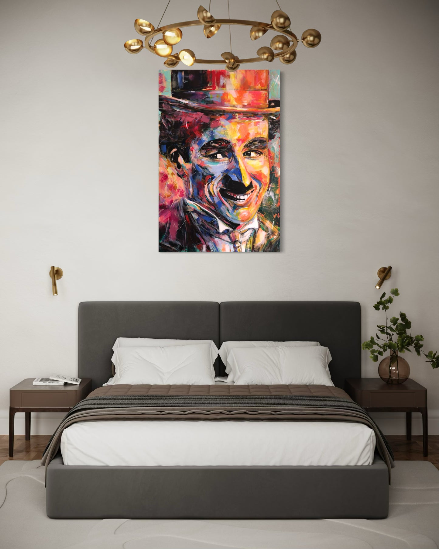 Charlie Chaplin canvas art above double bed in cozy bedroom
