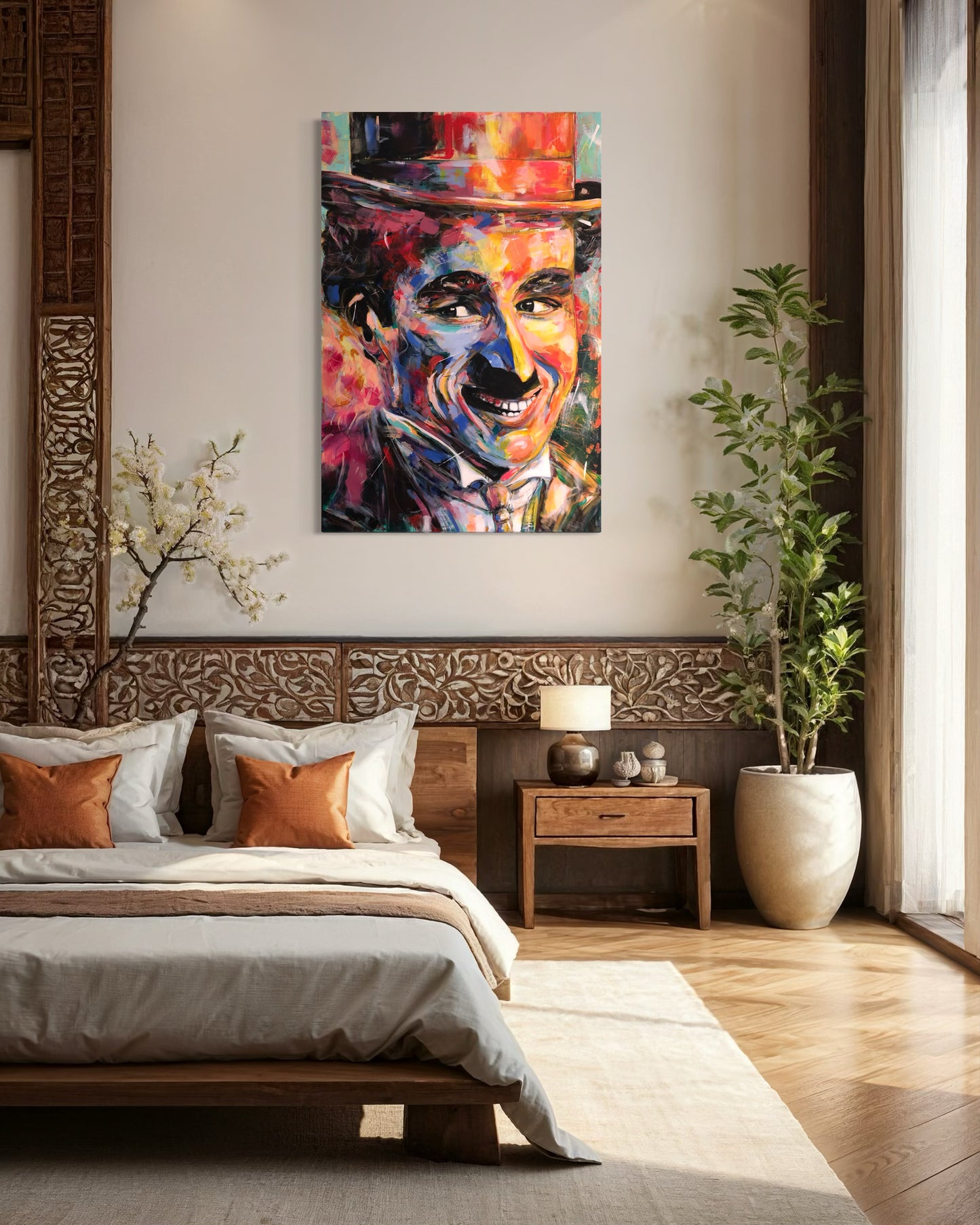 Charlie Chaplin painting in bedroom with indoor plants