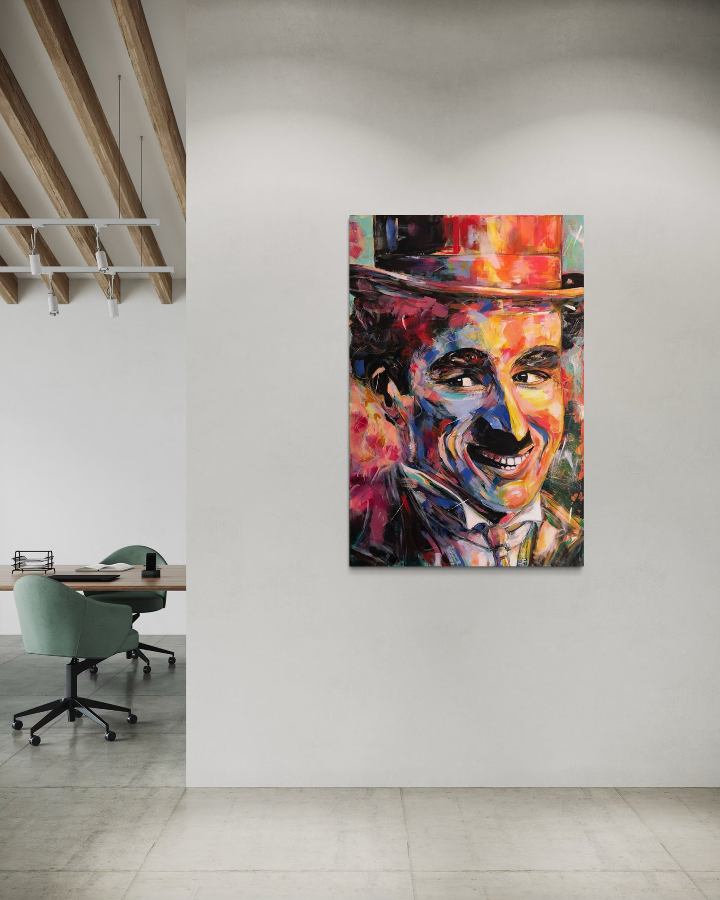 Charlie Chaplin painting in modern loft office