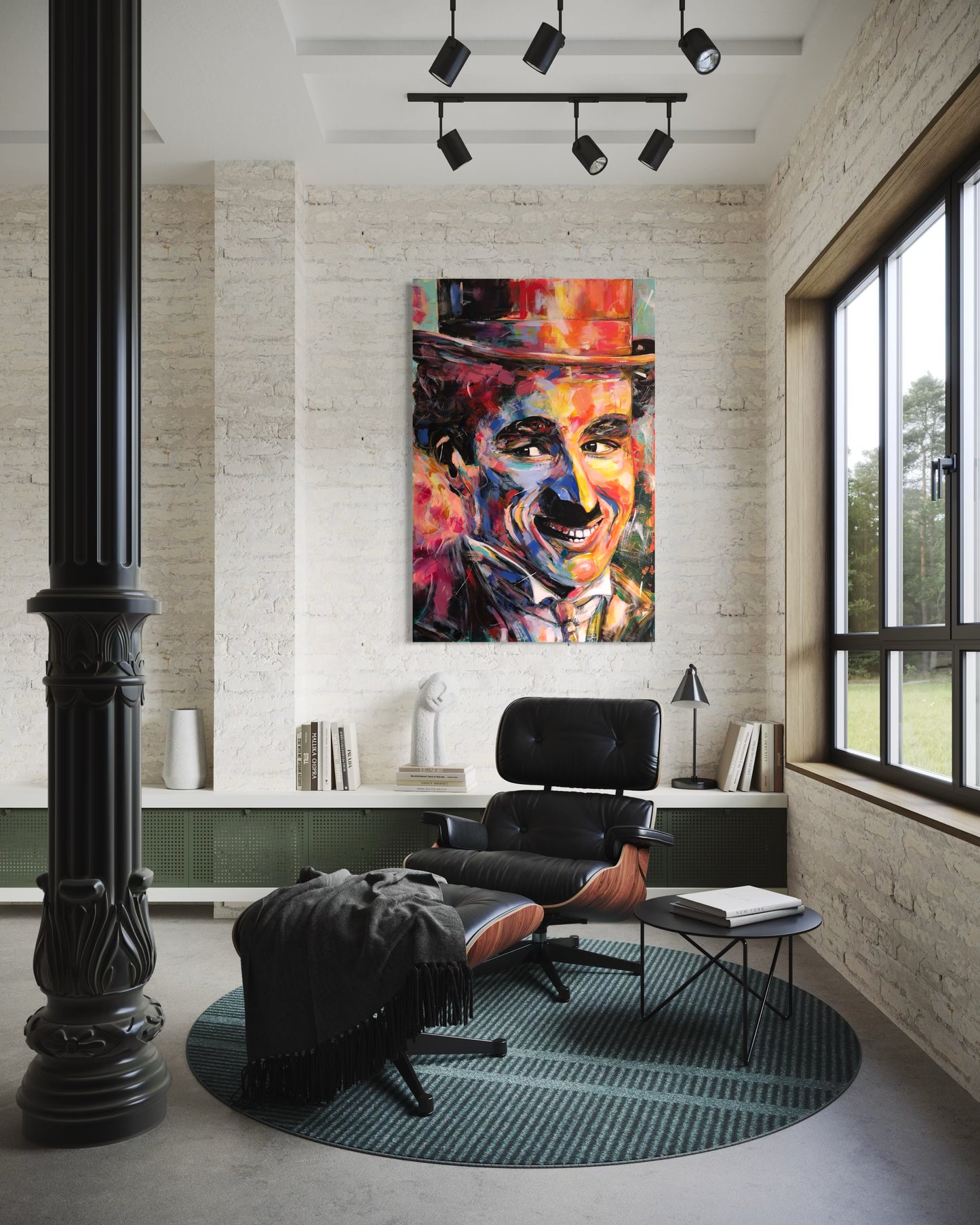 Charlie Chaplin original painting in stylish room with black pillar