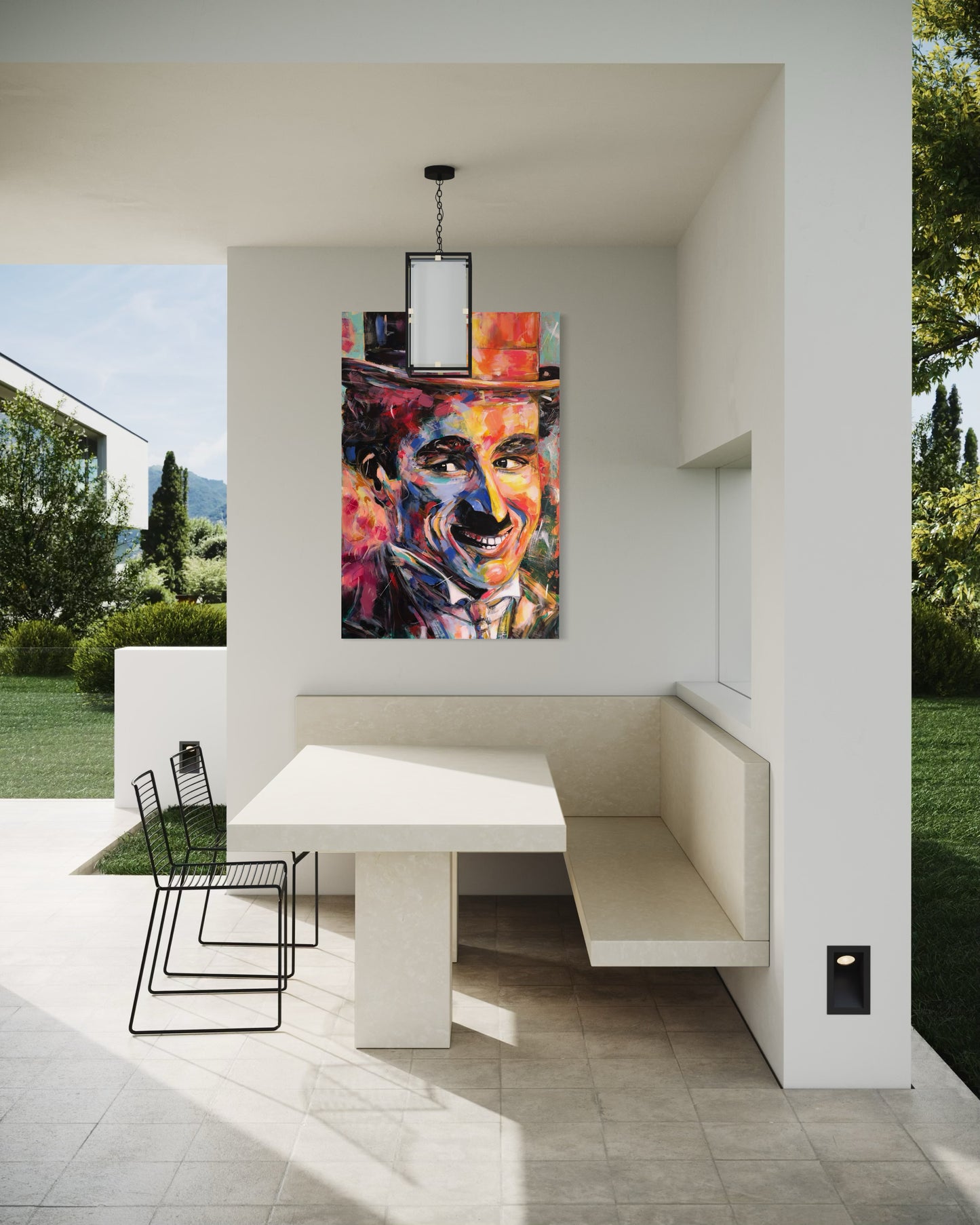 Charlie Chaplin painting outdoors at corner with dining table