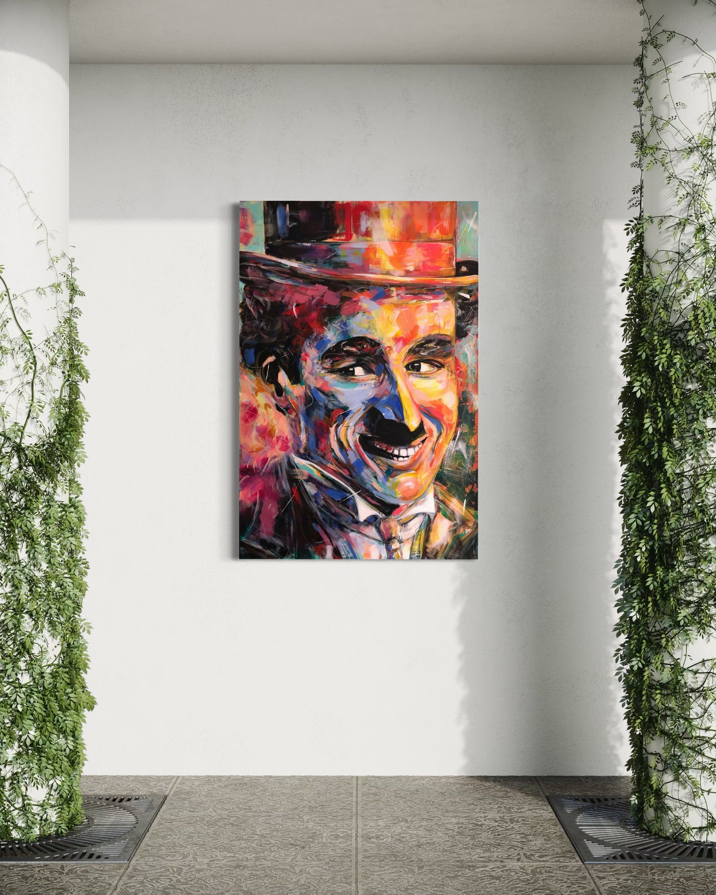 Charlie Chaplin original painting displayed outdoors on wall between green plants