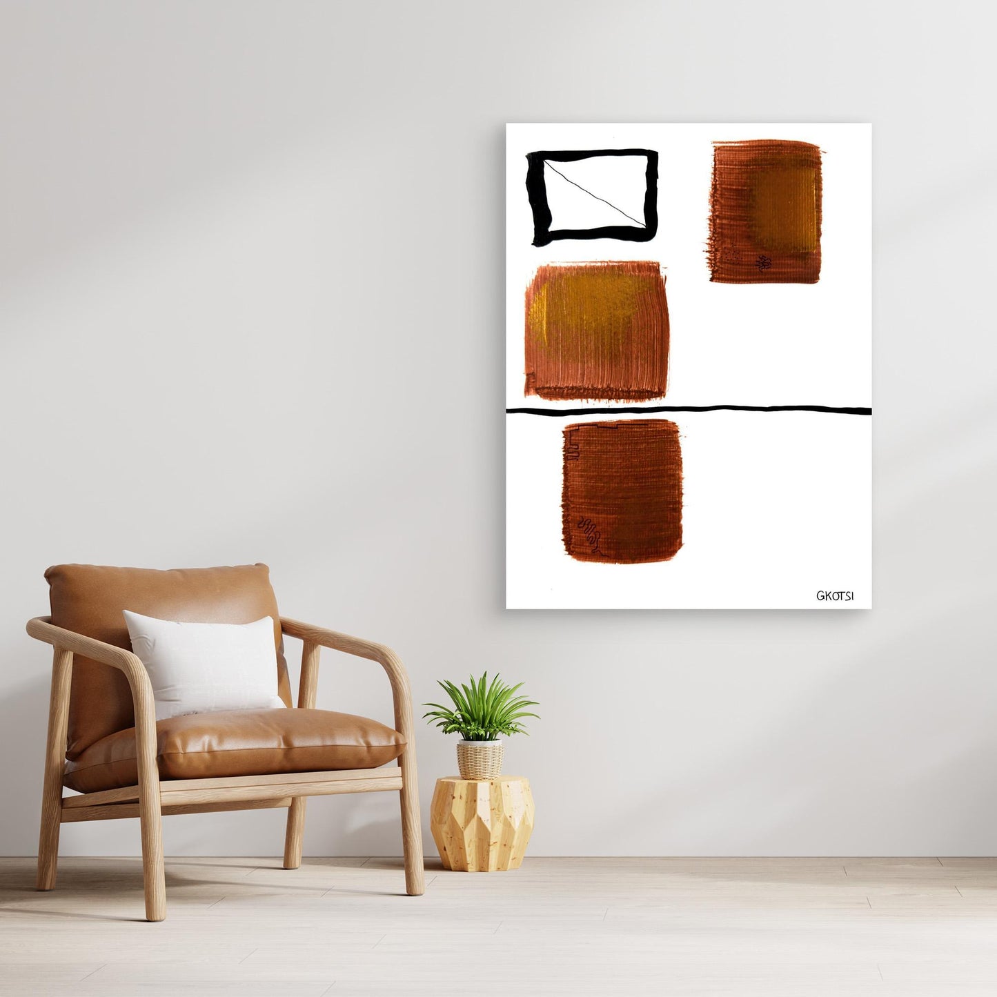 EHRLICH artwork displayed near modern chair - elegant authentic wall decor