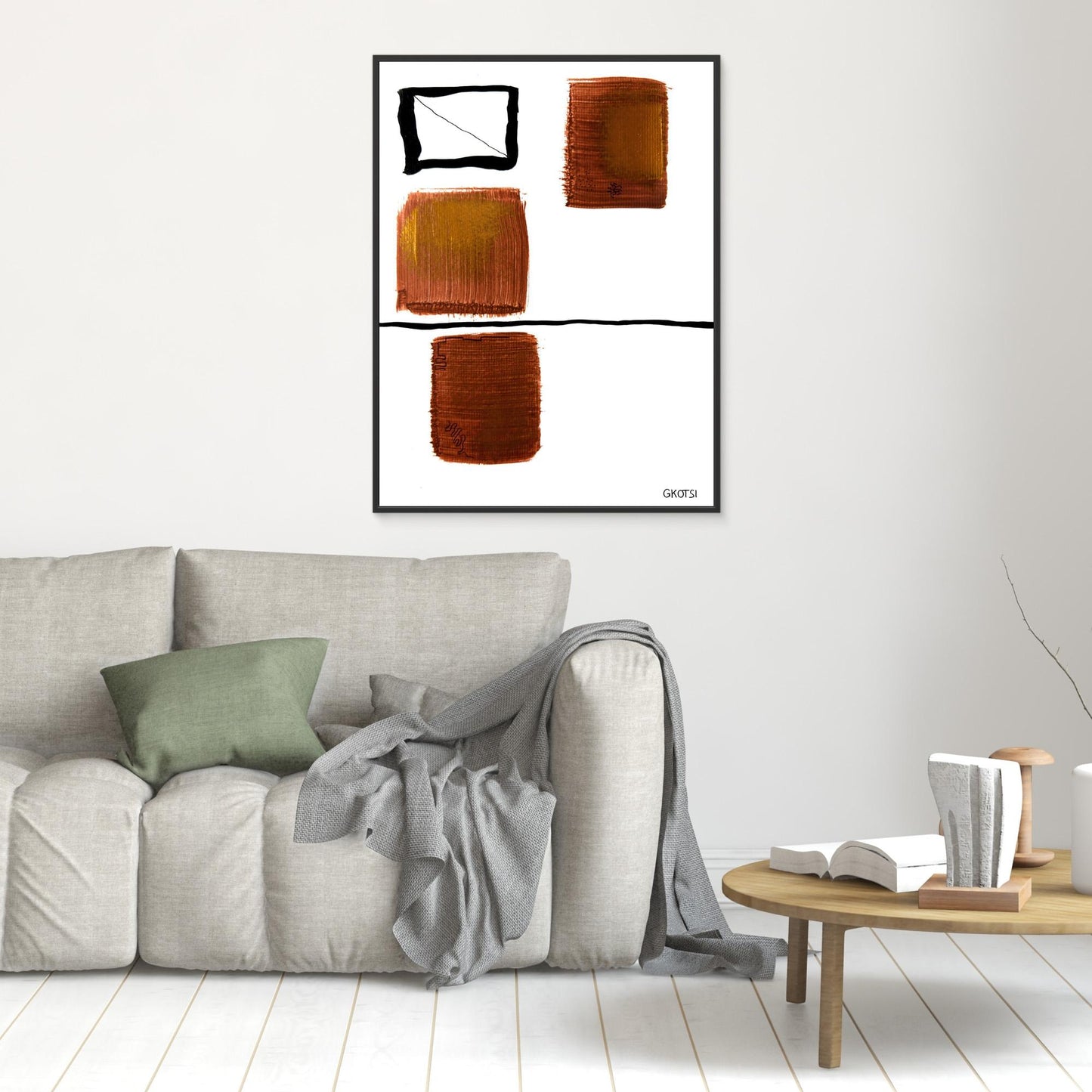 EHRLICH canvas print above grey sofa - authentic abstract wall art decor