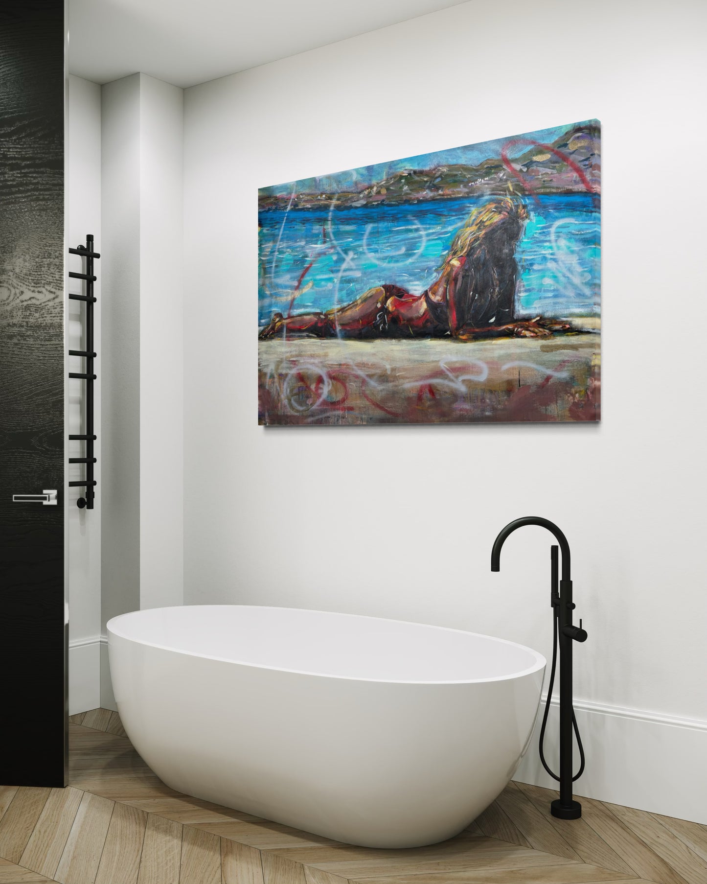 Elafonisos Greece Original Painting above minimalist bathtub