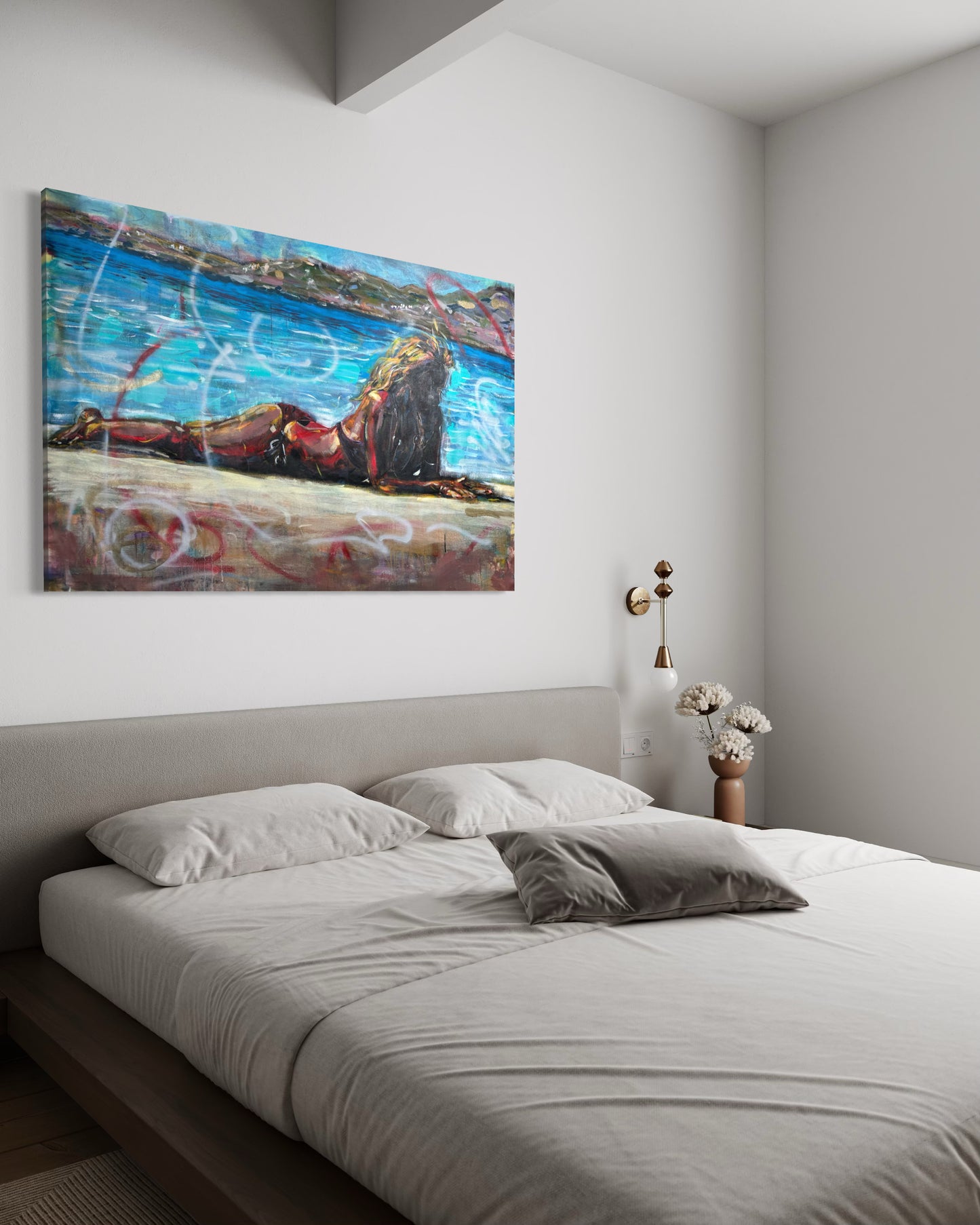 Elafonisos Greece Original Painting in a light grey king size bedroom