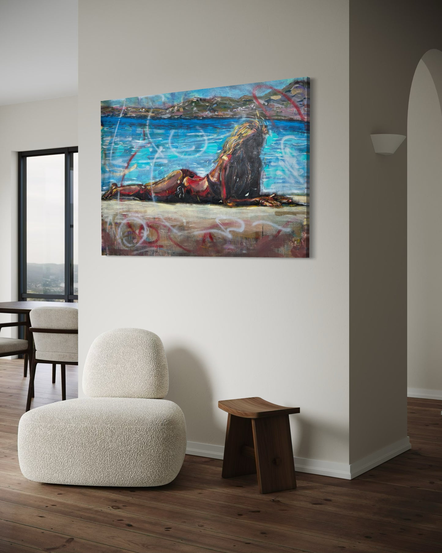 Elafonisos Greece Original Painting on a wide wall column and wooden floor