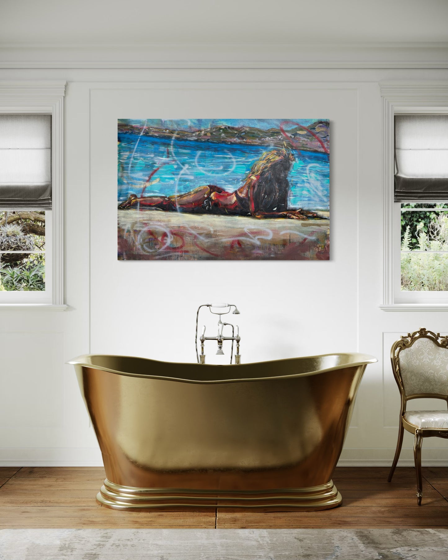 Elafonisos Greece Original Painting above golden luxury bathtub