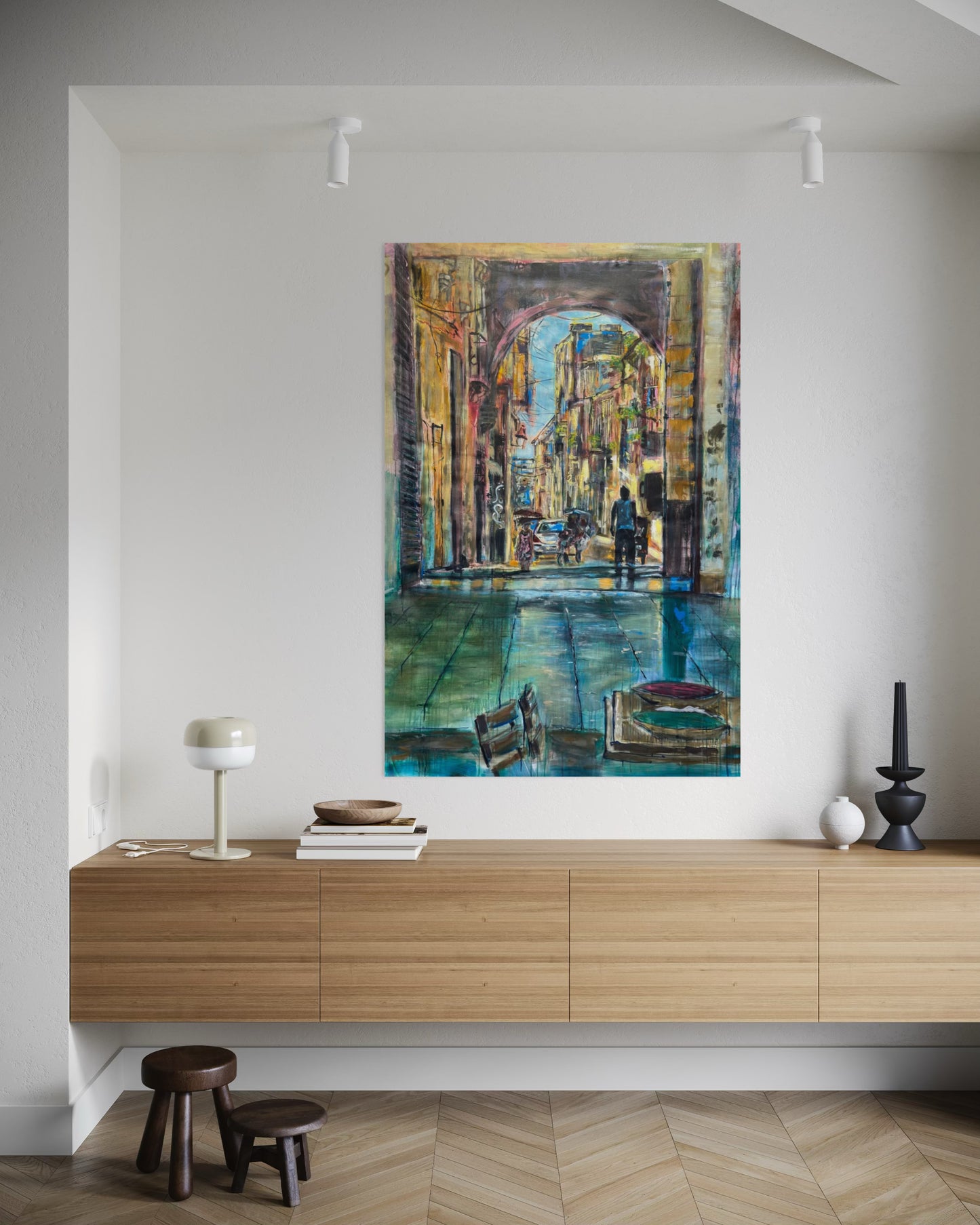El Desayuno Travel Original Paintings above wooden sideboard