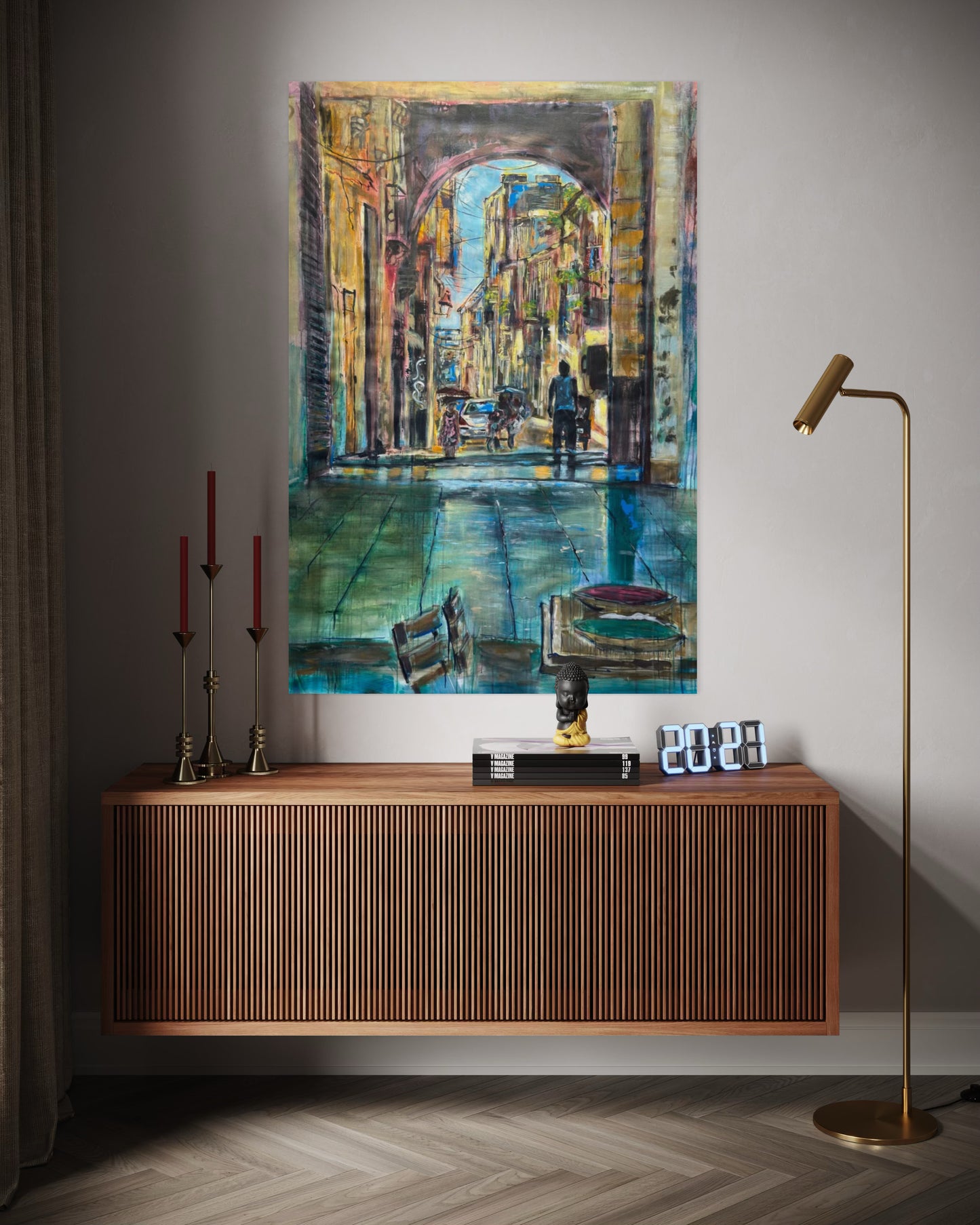 El Desayuno Travel Original Paintings above hanging wooden dresser