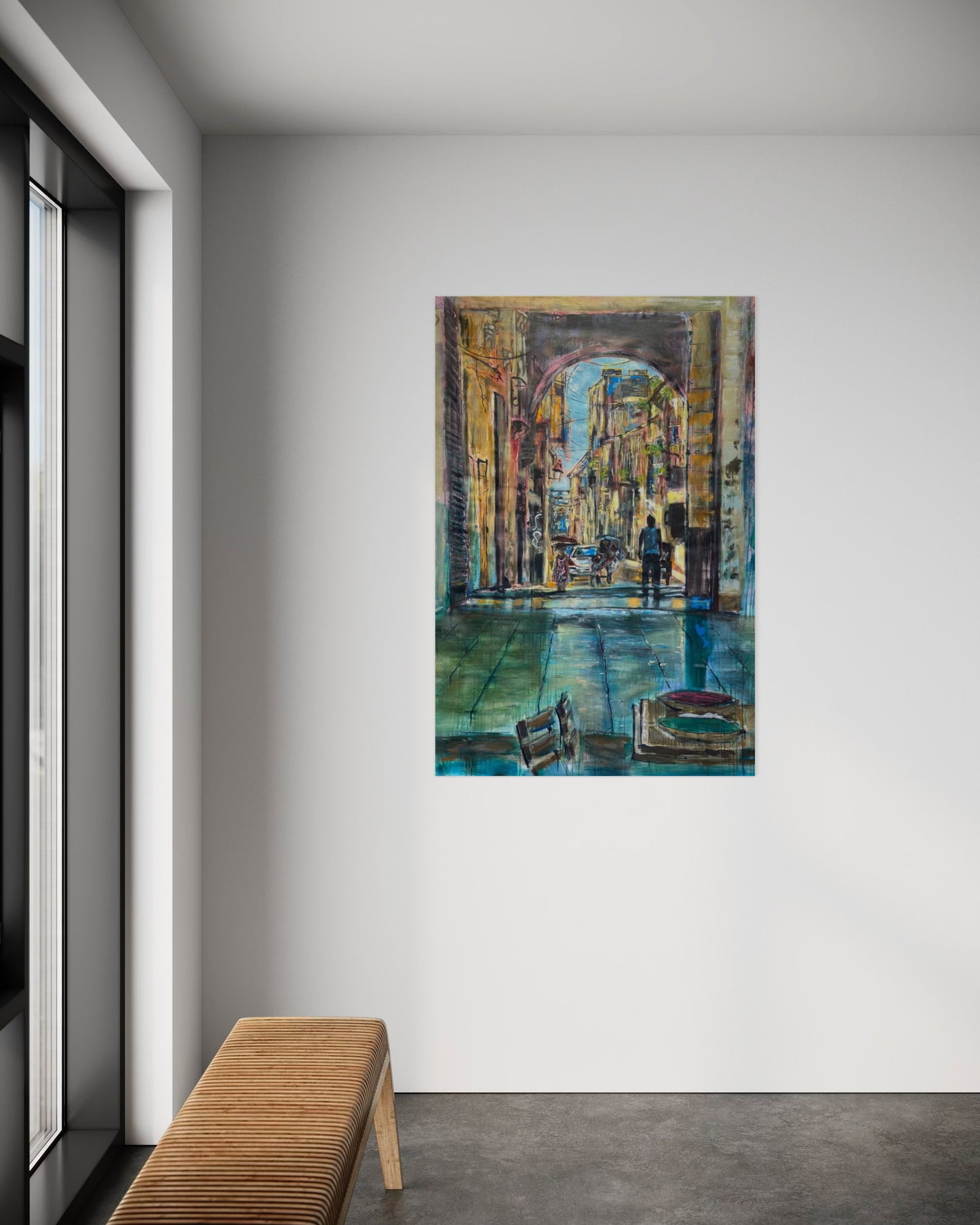 El Desayuno Travel Original Paintings next to window with bench
