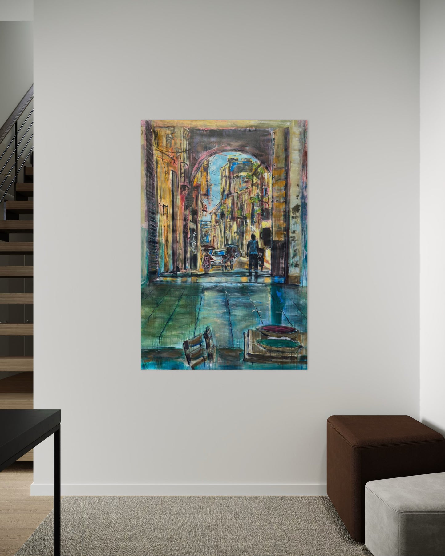 El Desayuno Travel Original Paintings next to staircase