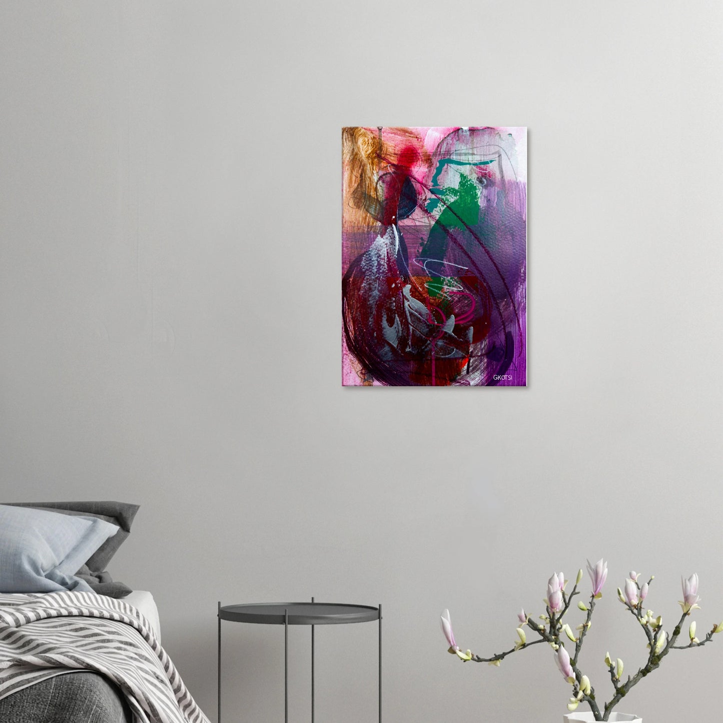 ELEGANTLY canvas print above bed with flower vase in bedroom