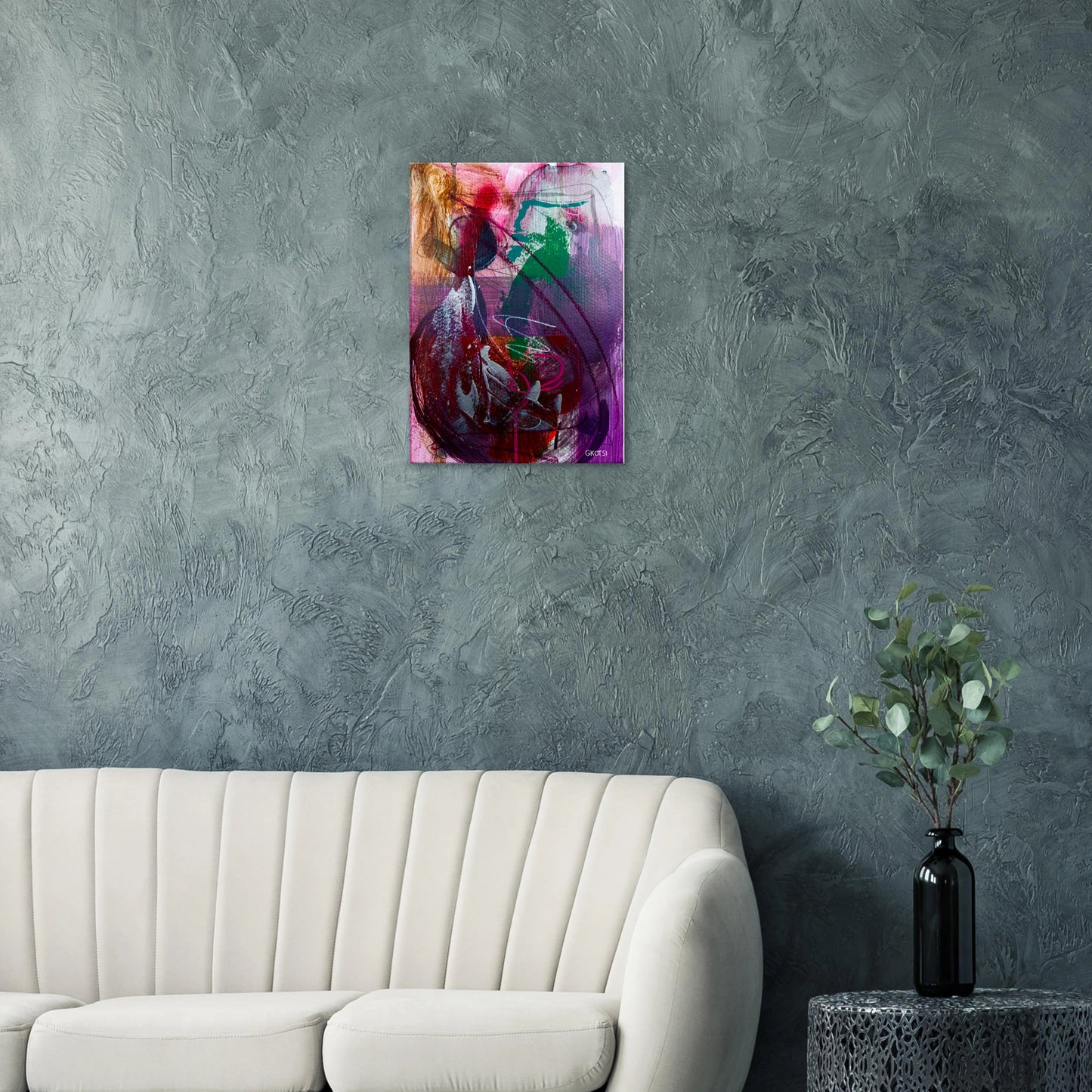 ELEGANTLY canvas print above grey sofa in living room