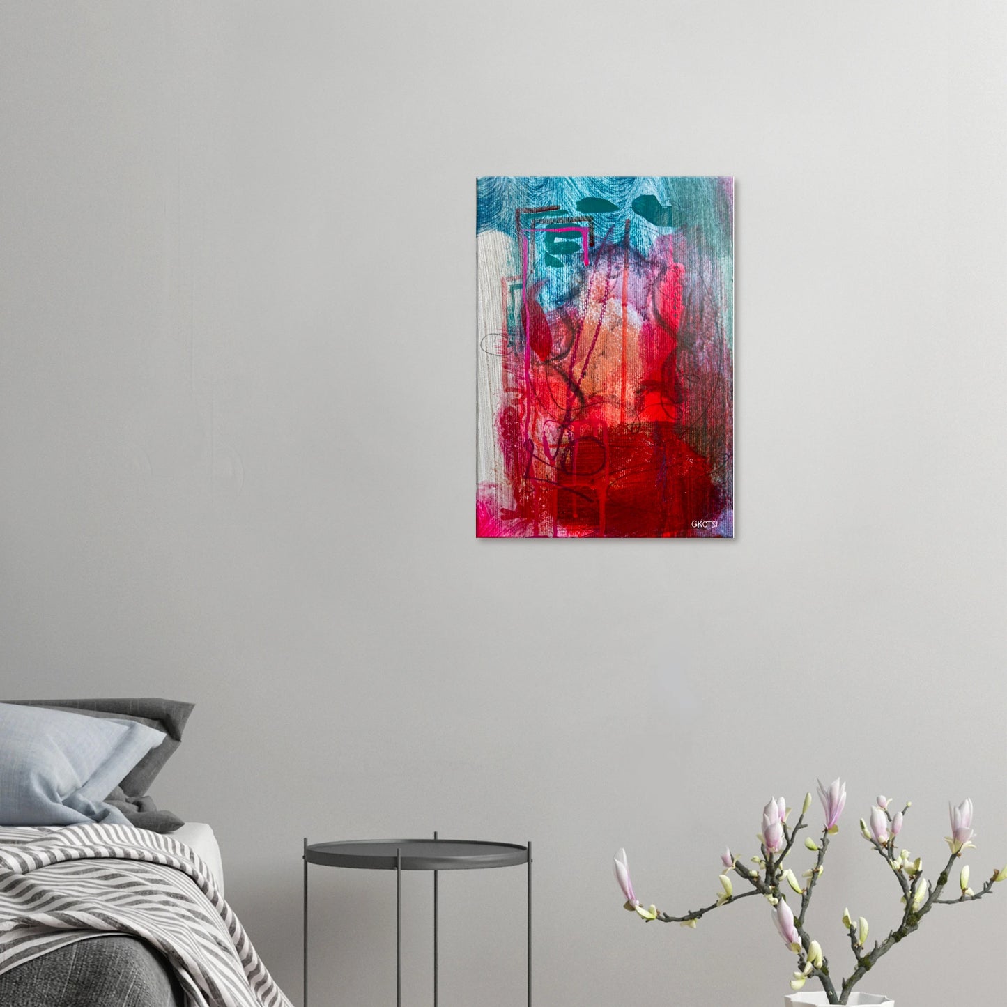 EXISTINGLY canvas print above bed with flower vase in bedroom