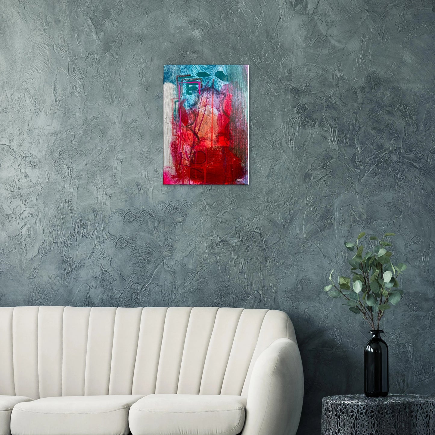 EXISTINGLY canvas print above grey sofa in living room