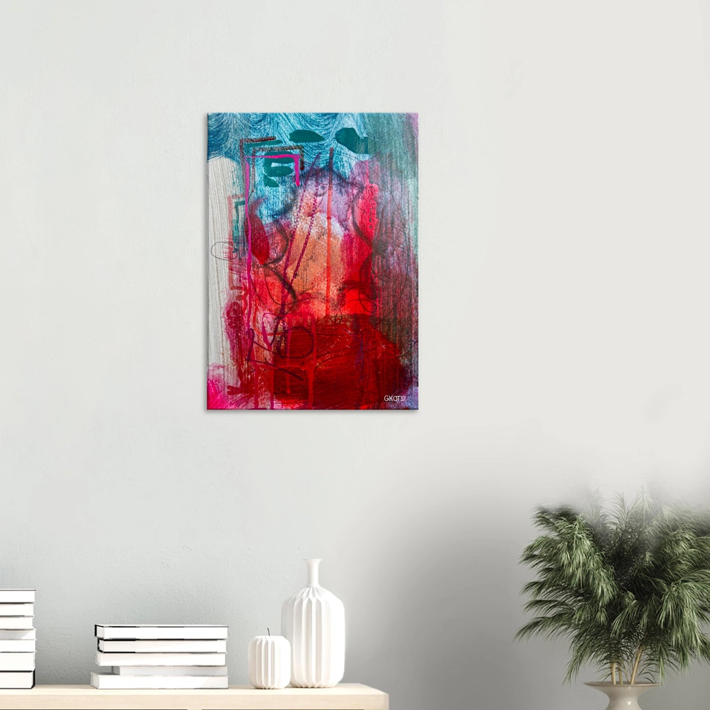 EXISTINGLY canvas print above white table with small plant