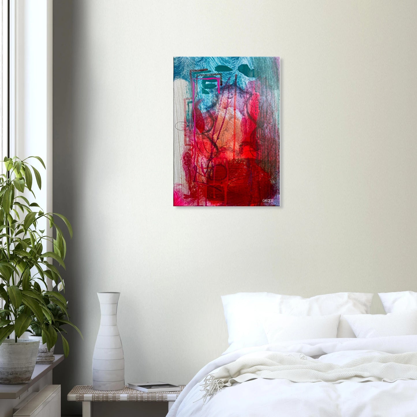 EXISTINGLY canvas print in bedroom with small plant