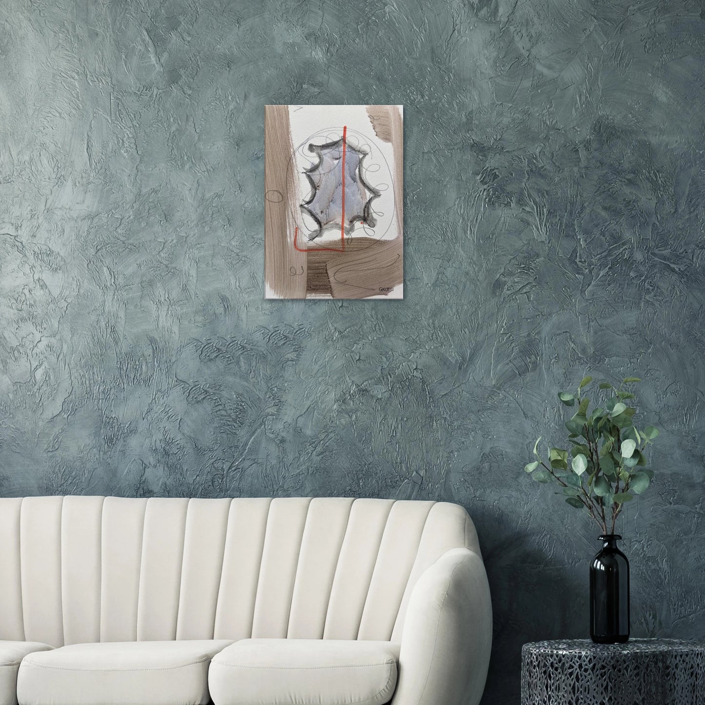 EXITINGLY Canvas as dynamic focal point above gray sofa - exciting wall decoration