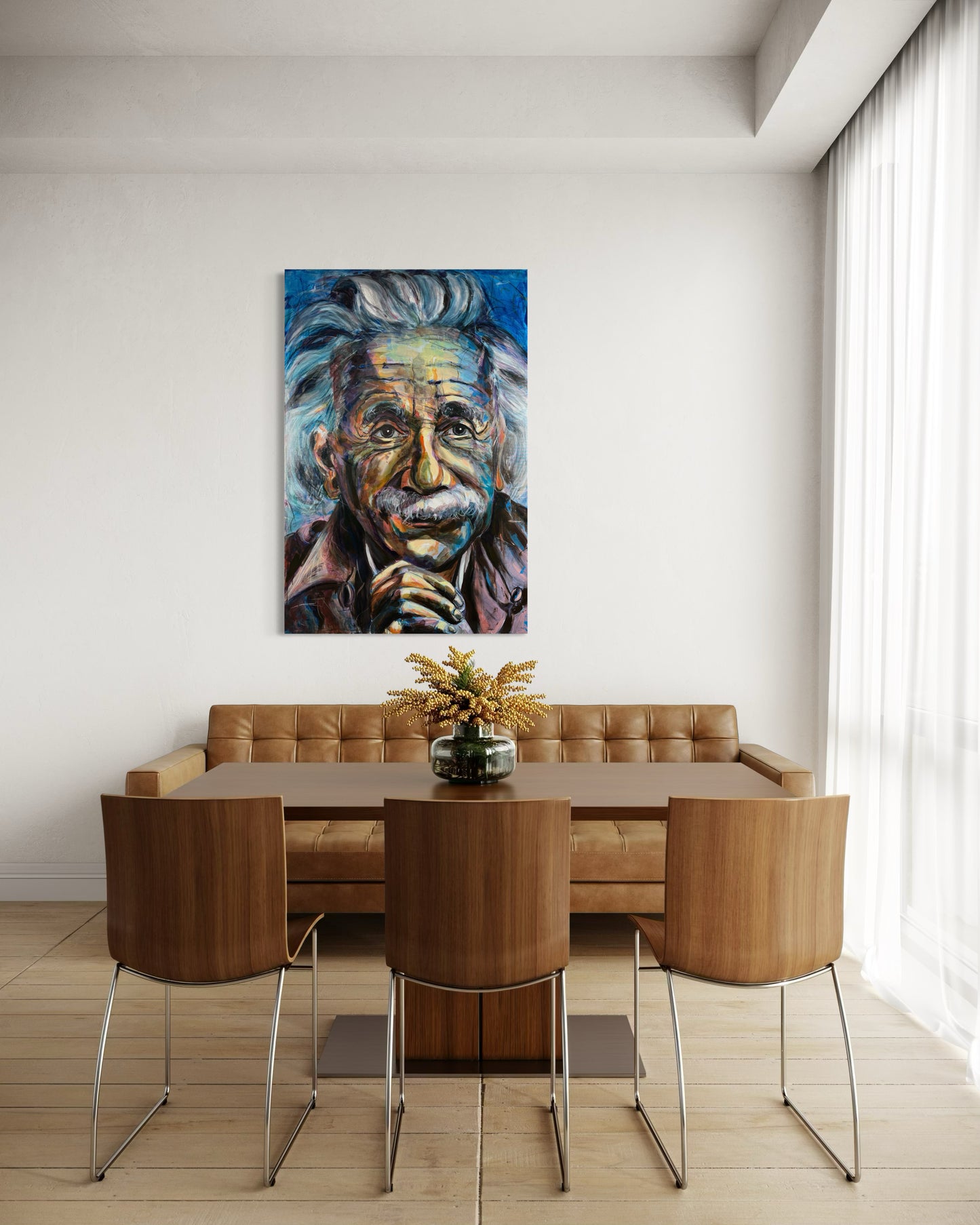 Albert Einstein original painting by Gkotsi Art above breakfast table in dining area